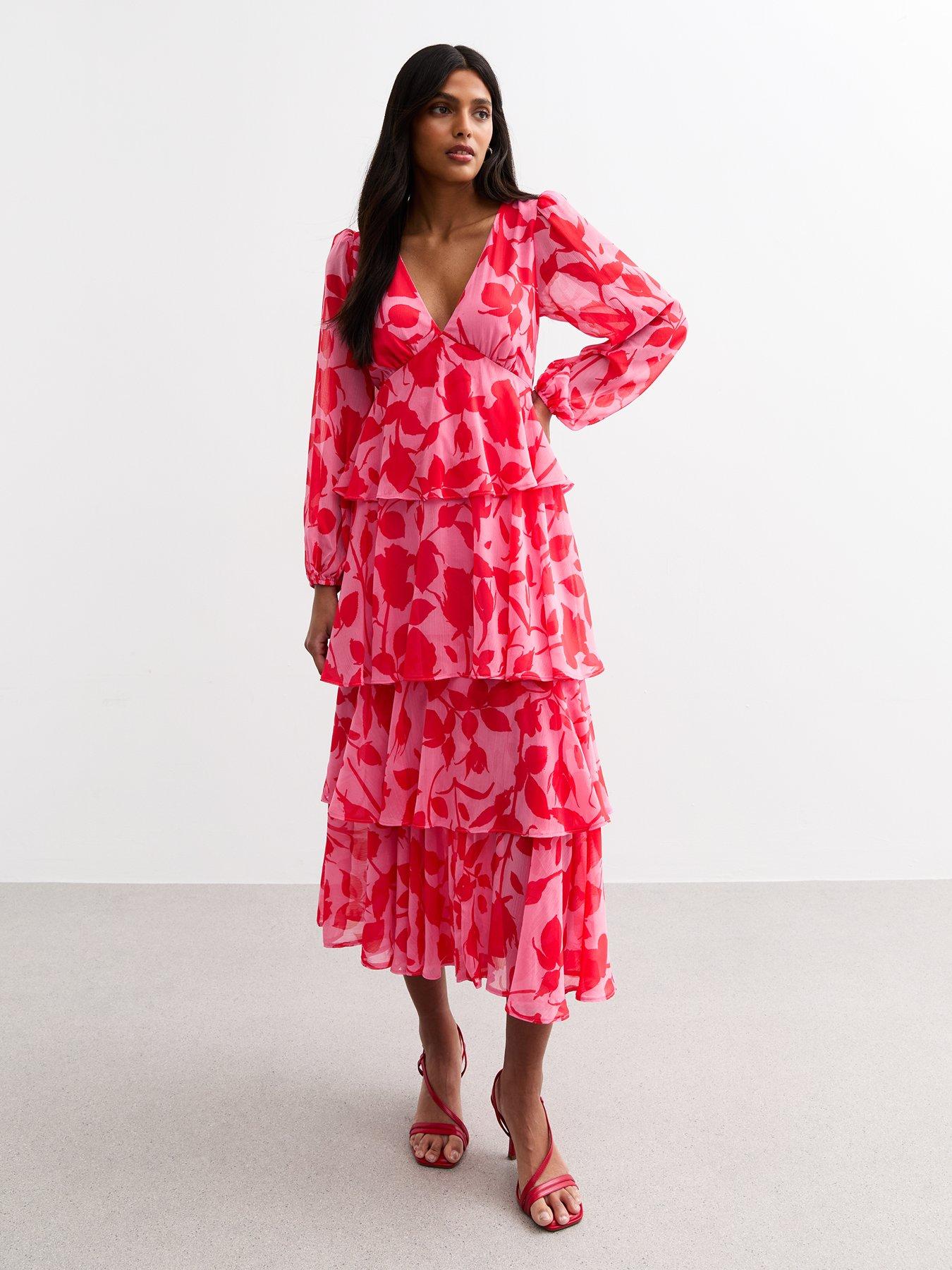  image of new-look-pink-floral-print-tiered-chiffon-midi-dress