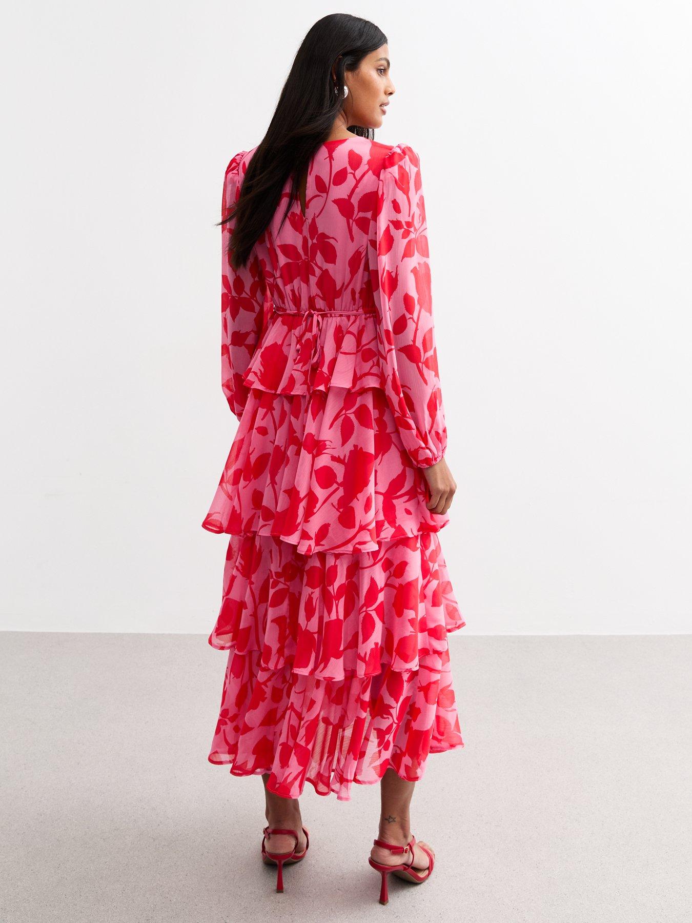  image of new-look-pink-floral-print-tiered-chiffon-midi-dress