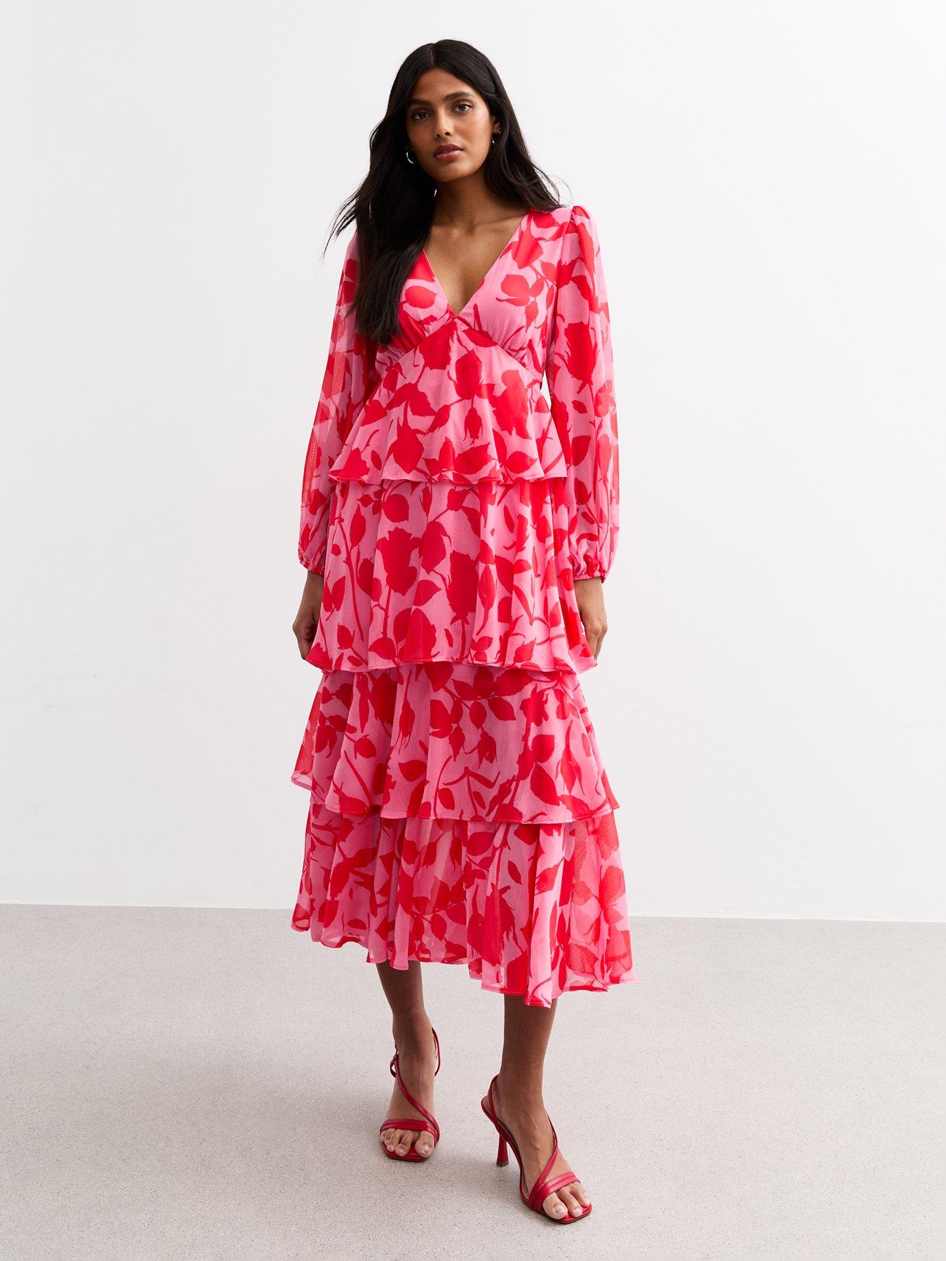  image of new-look-pink-floral-print-tiered-chiffon-midi-dress