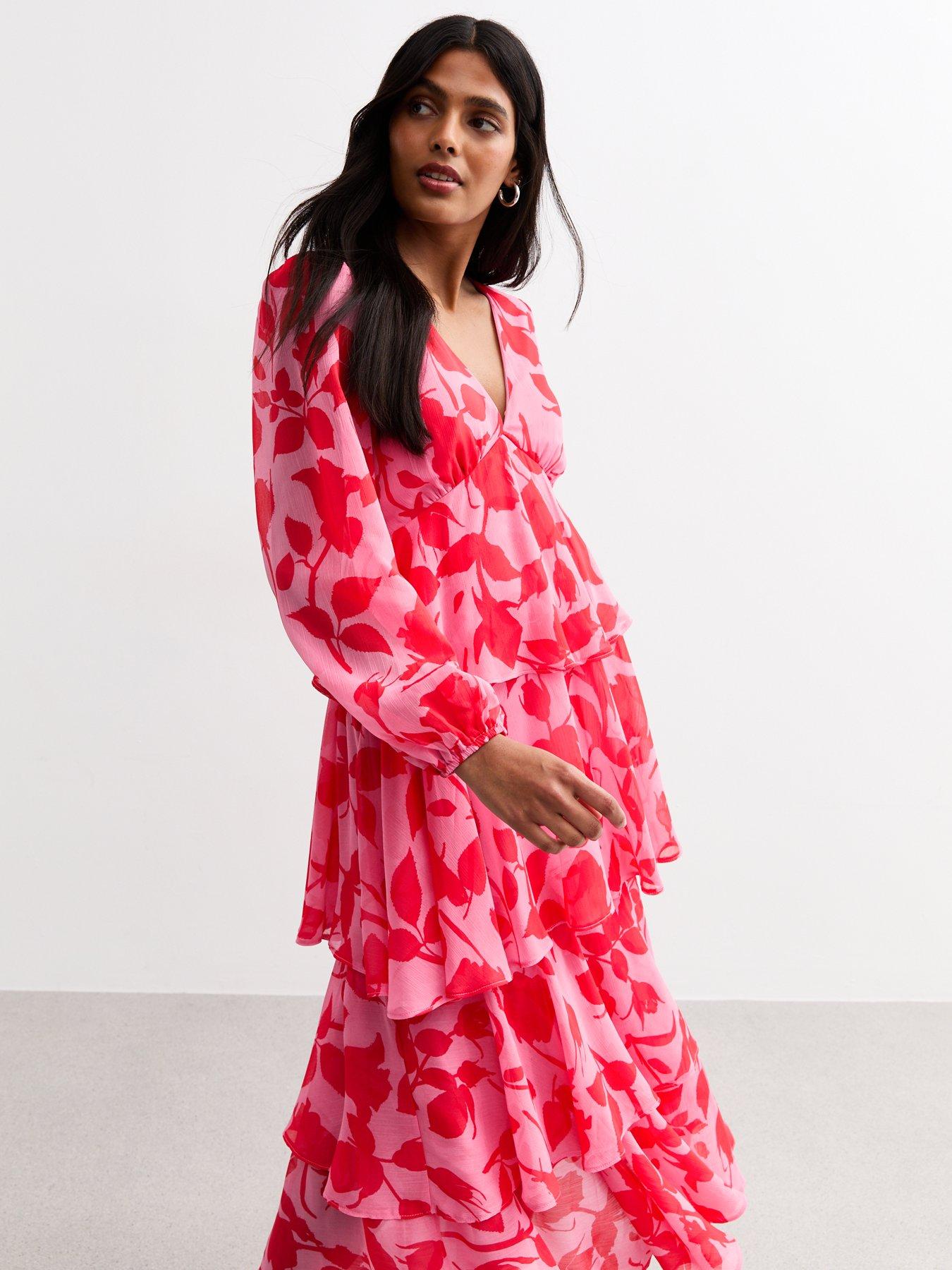  image of new-look-pink-floral-print-tiered-chiffon-midi-dress