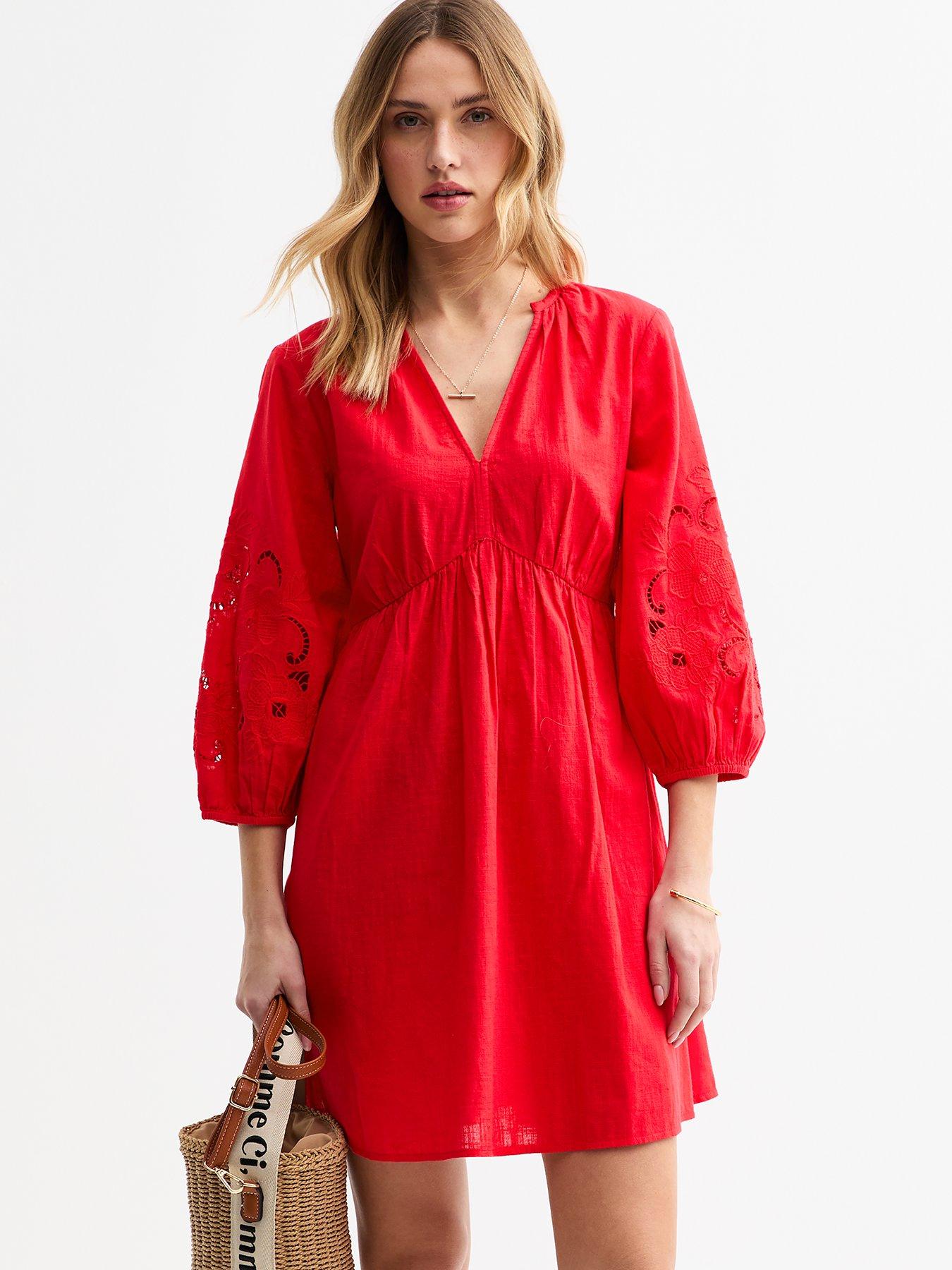 New Look Broderie Sleeve Smock Mini Dress - Red