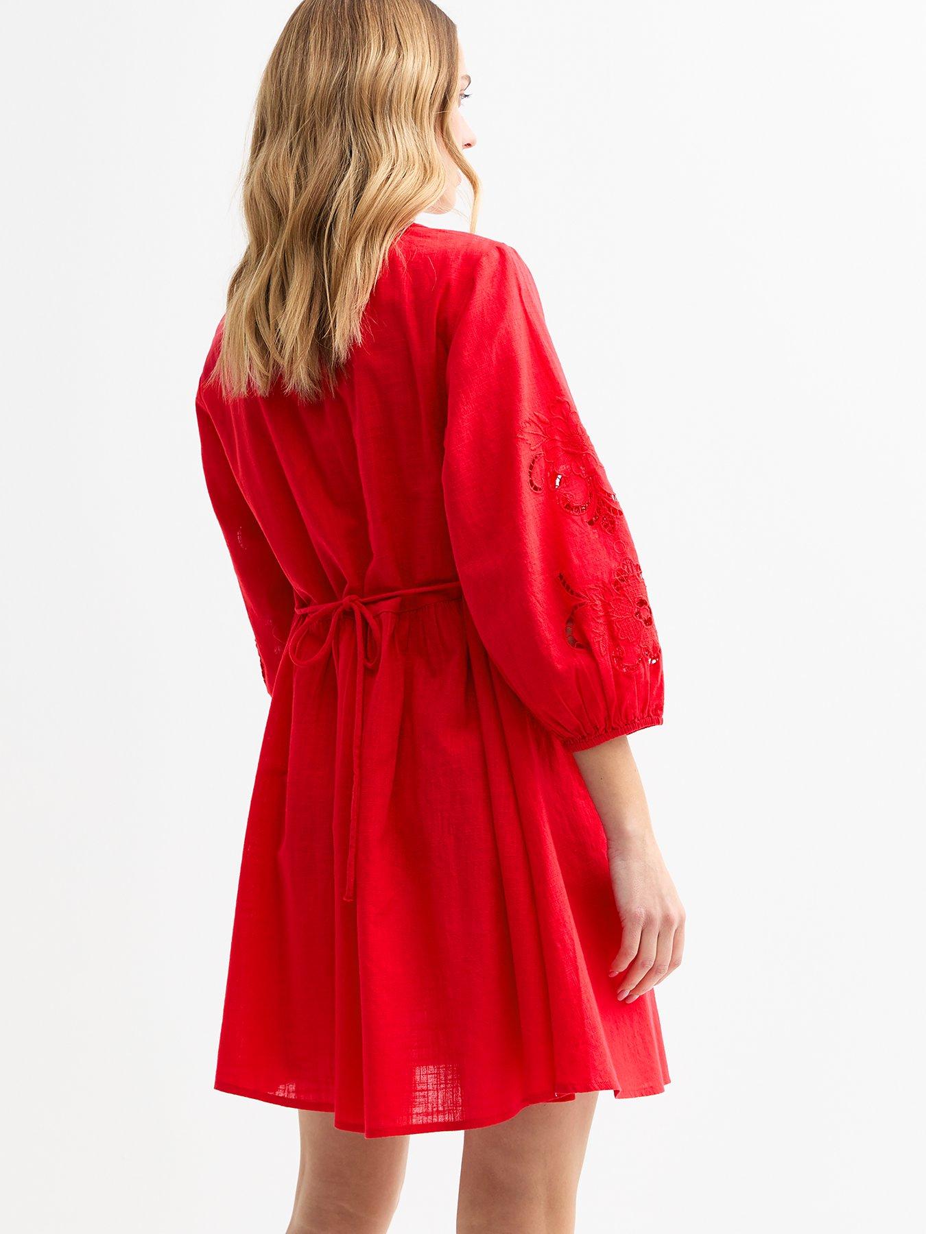  image of new-look-broderie-sleeve-smock-mini-dress-red