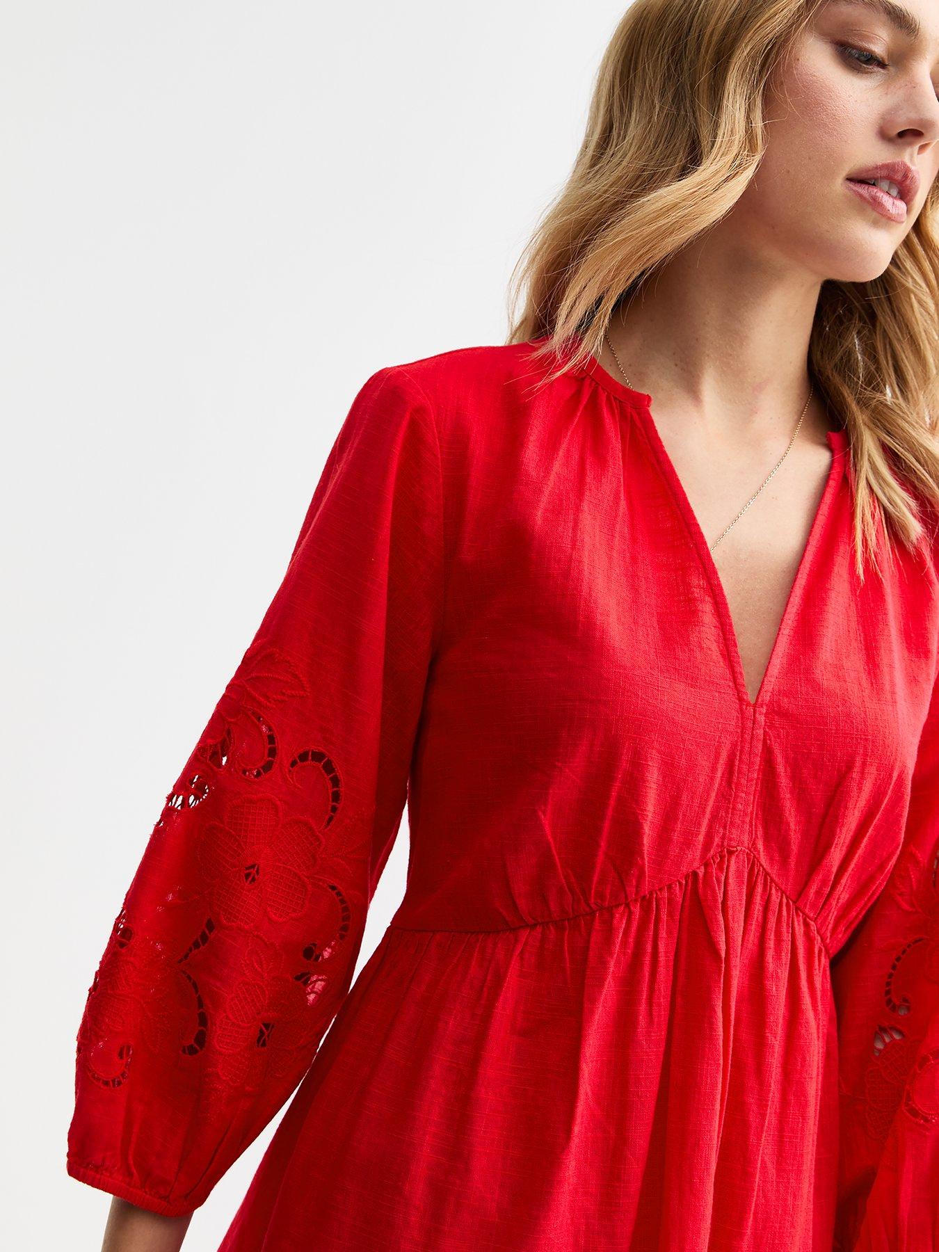  image of new-look-broderie-sleeve-smock-mini-dress-red