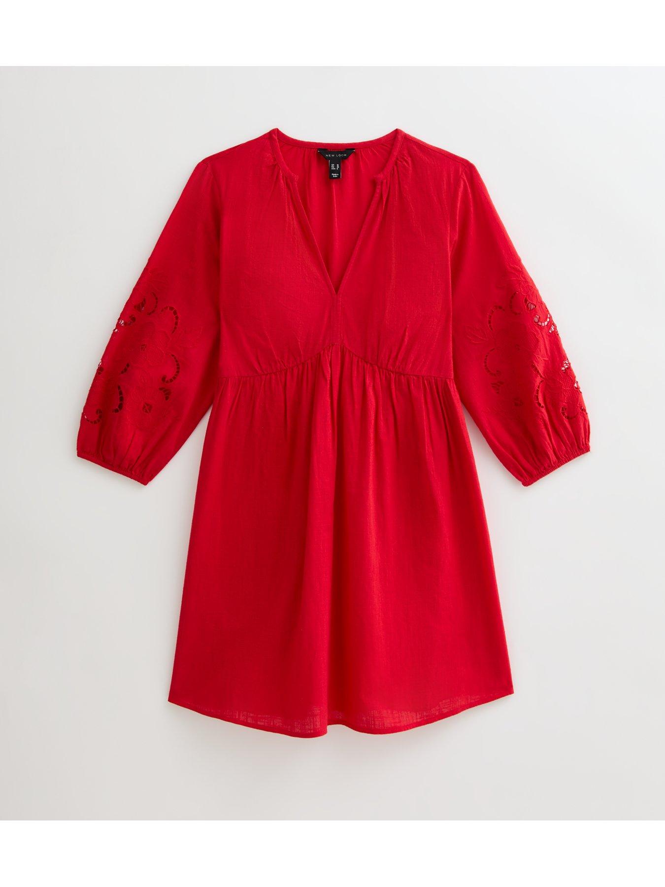 image of new-look-broderie-sleeve-smock-mini-dress-red