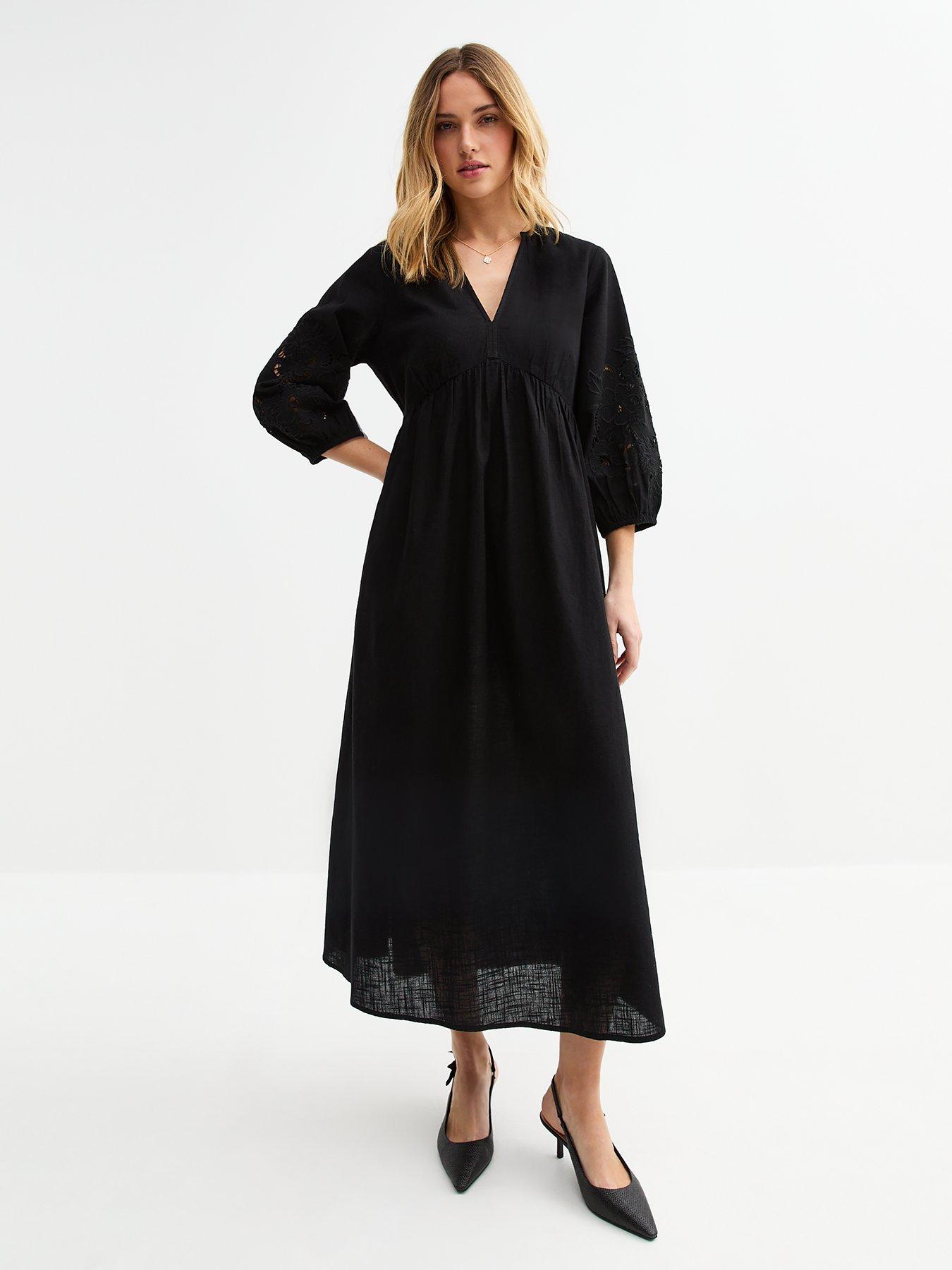 undefined Black Broderie Anglaise Sleeve Smock Midi Dress