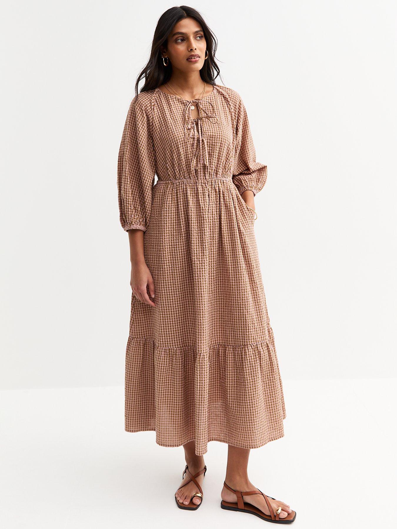  image of new-look-brown-checked-midi-smock-dress