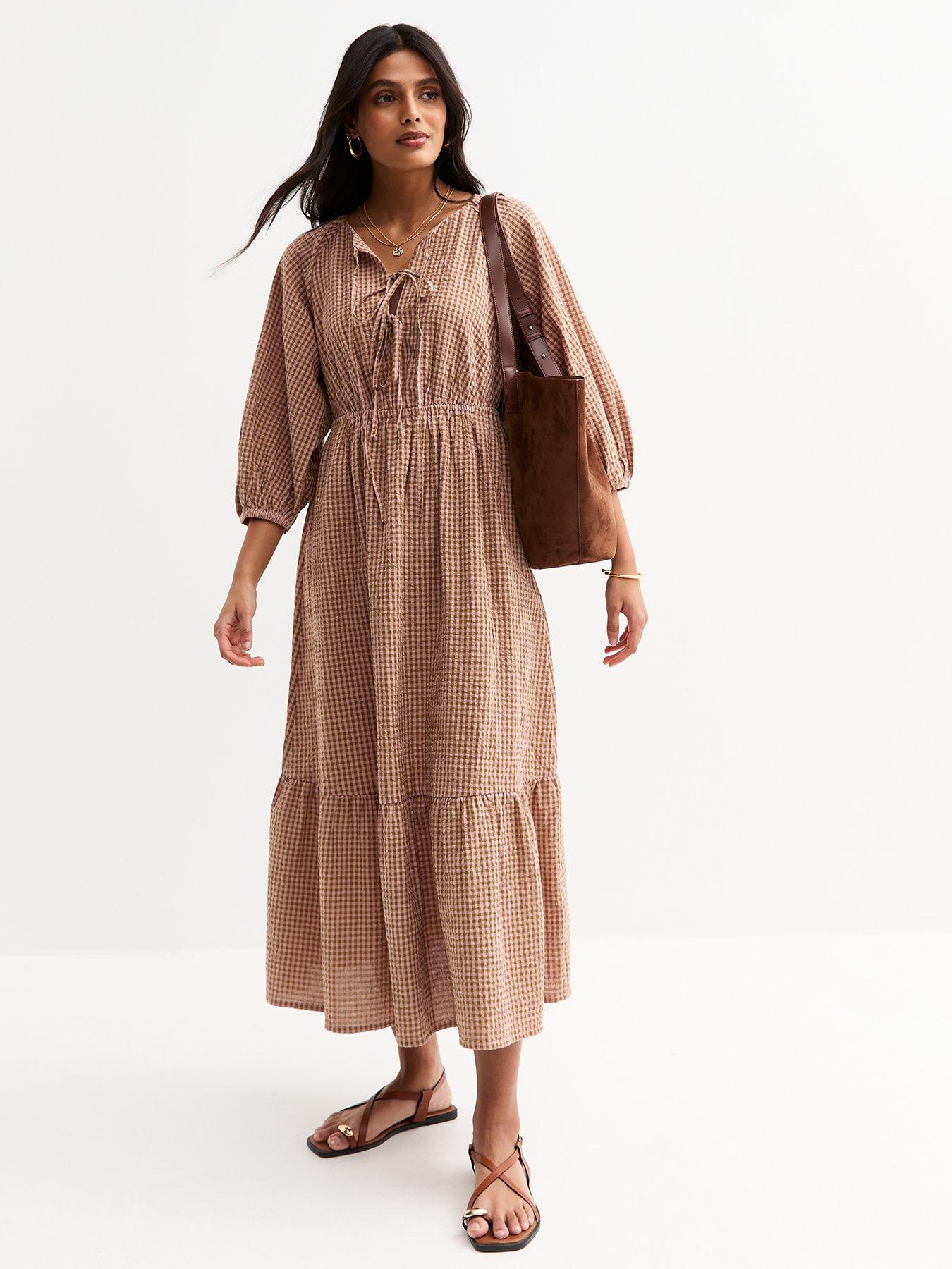 image of new-look-brown-checked-midi-smock-dress