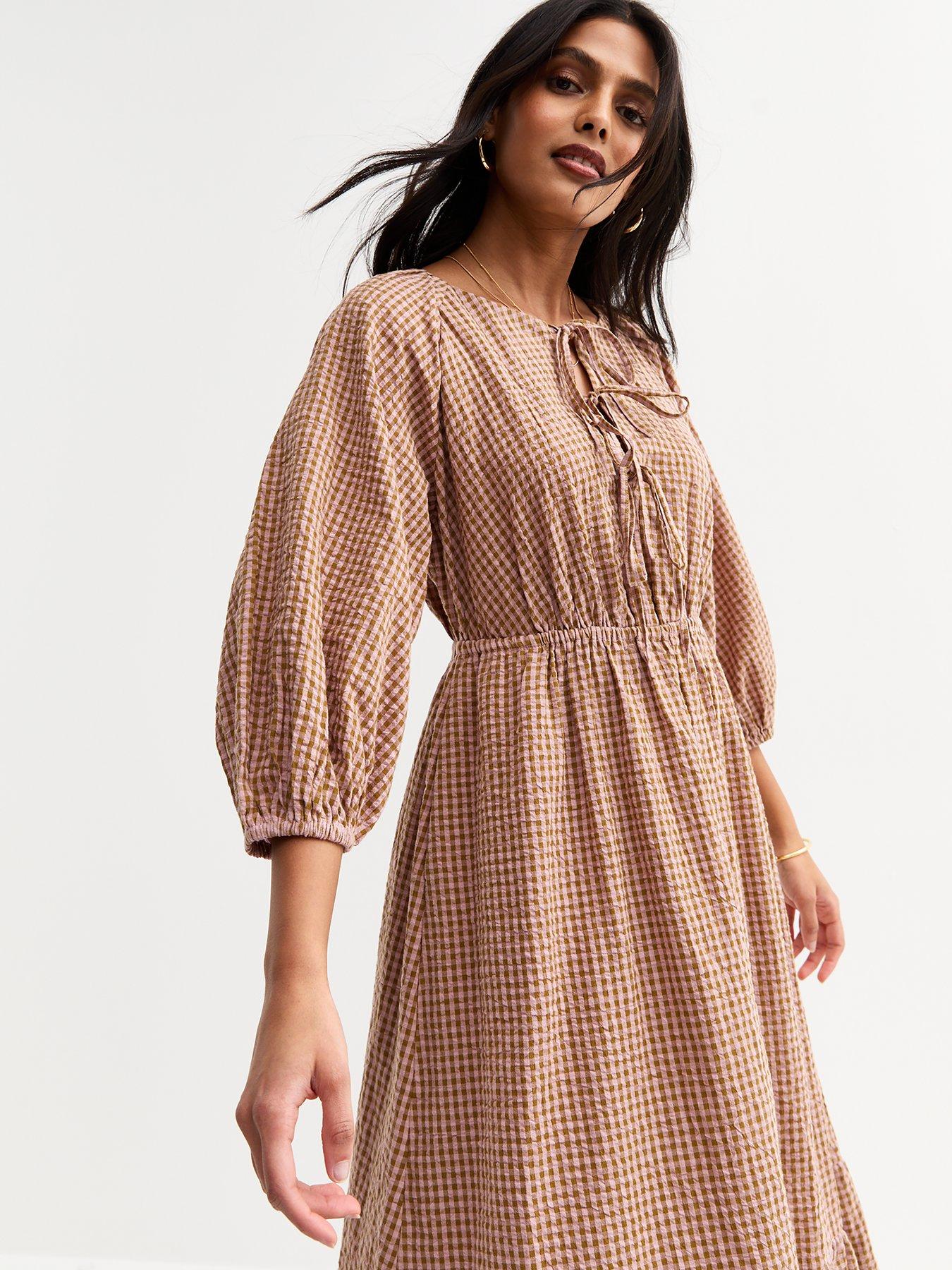 image of new-look-brown-checked-midi-smock-dress