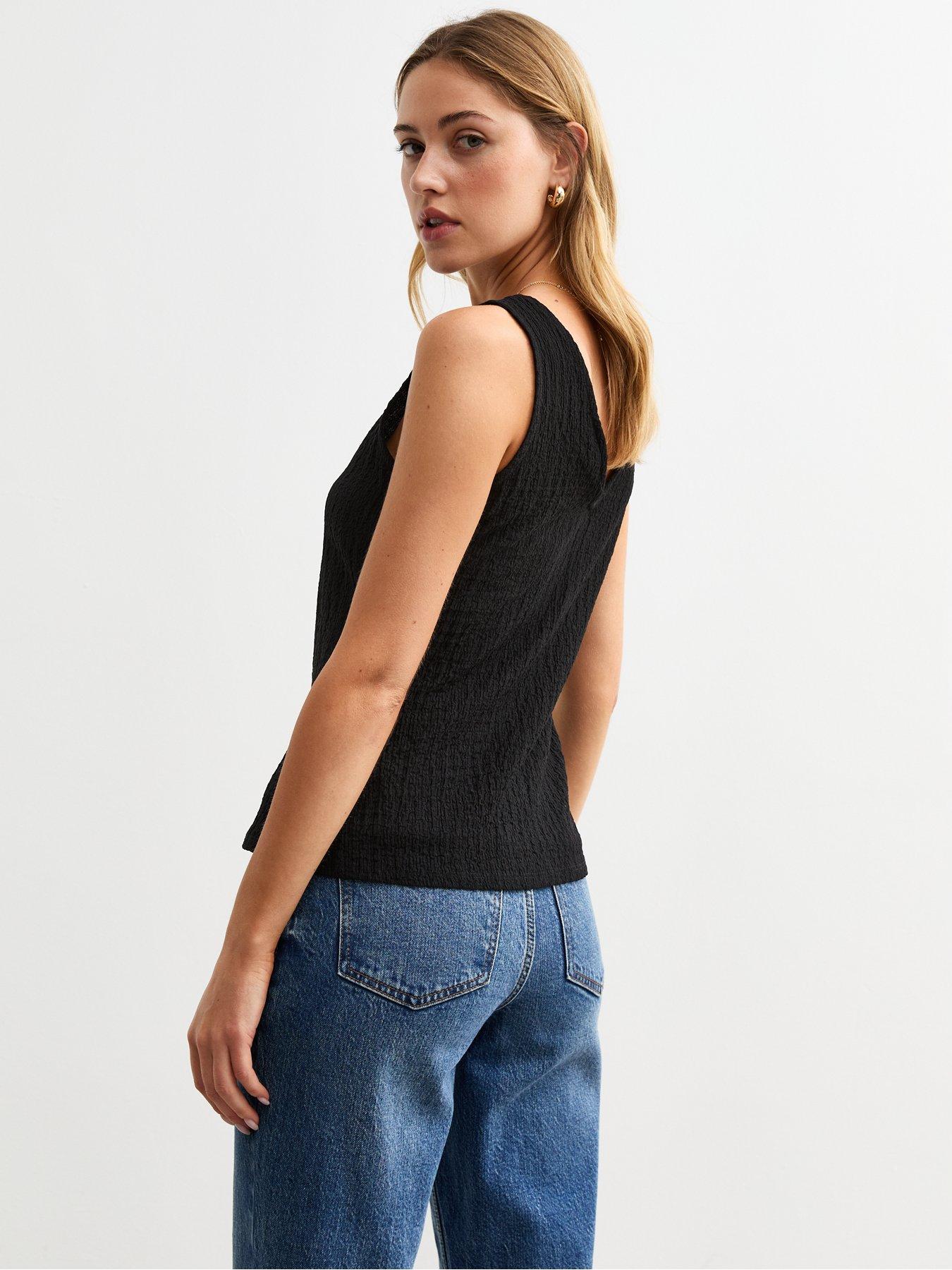  image of new-look-black-crinkle-texture-v-neck-waistcoat