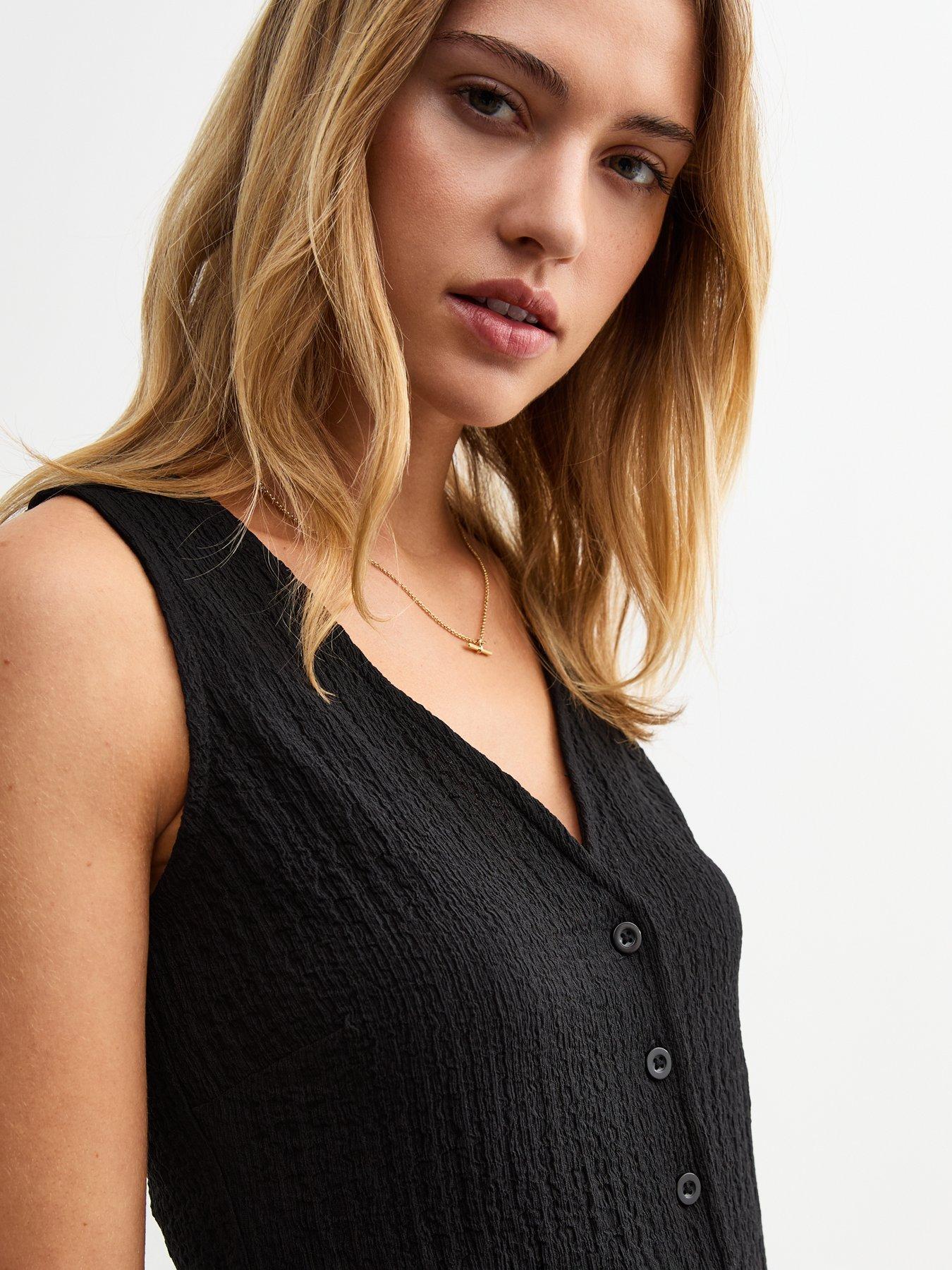  image of new-look-black-crinkle-texture-v-neck-waistcoat
