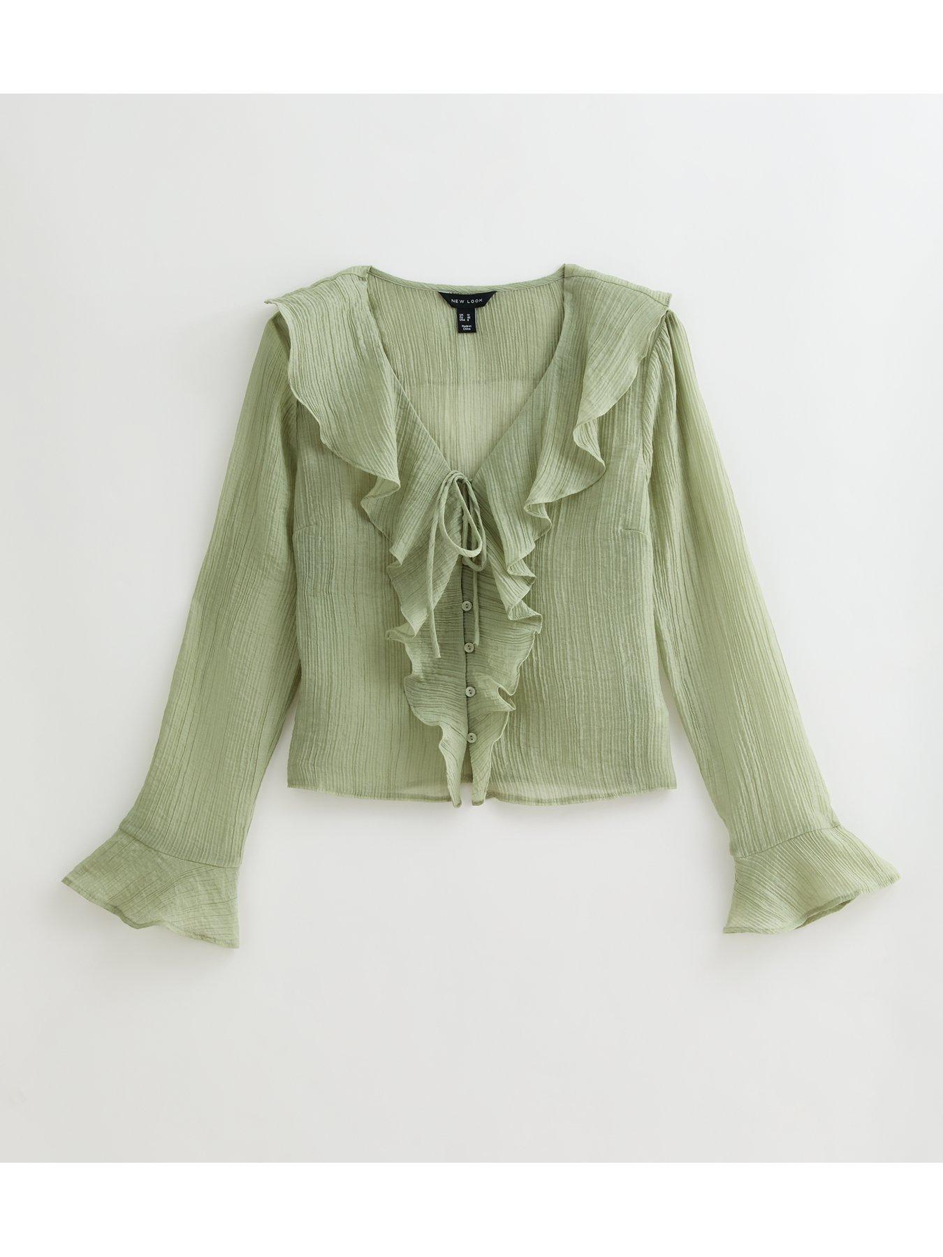  image of new-look-textured-ruffle-tie-shell-top-green