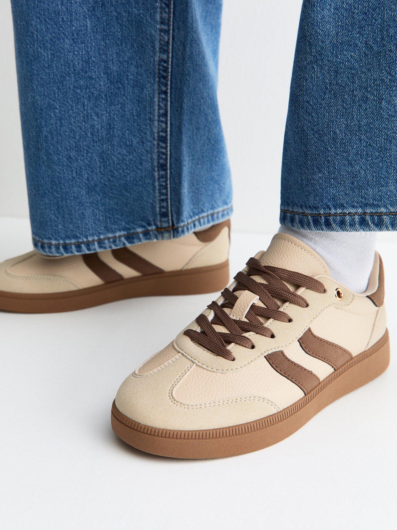 New Look Light Brown Pebbled Faux Leather Contrast Stripe Panelled Trainers