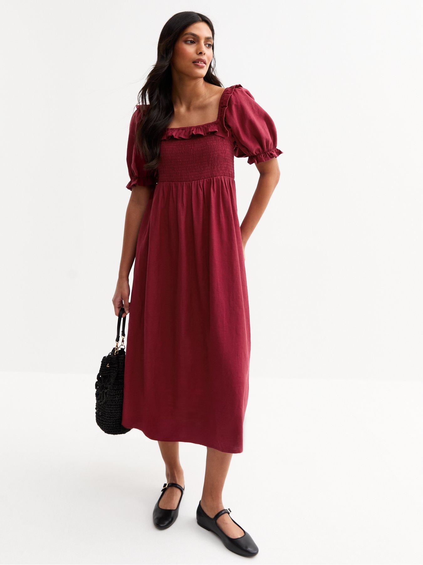 new-look-burgundy-puff-sleeve-midi-dress