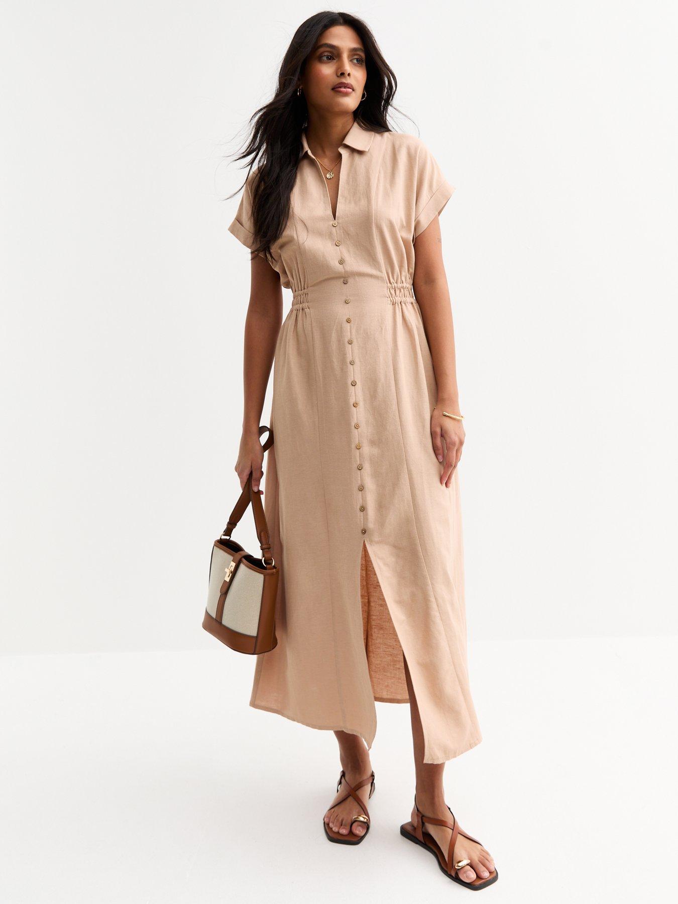  image of new-look-camel-shirred-waist-midi-shirt-dress