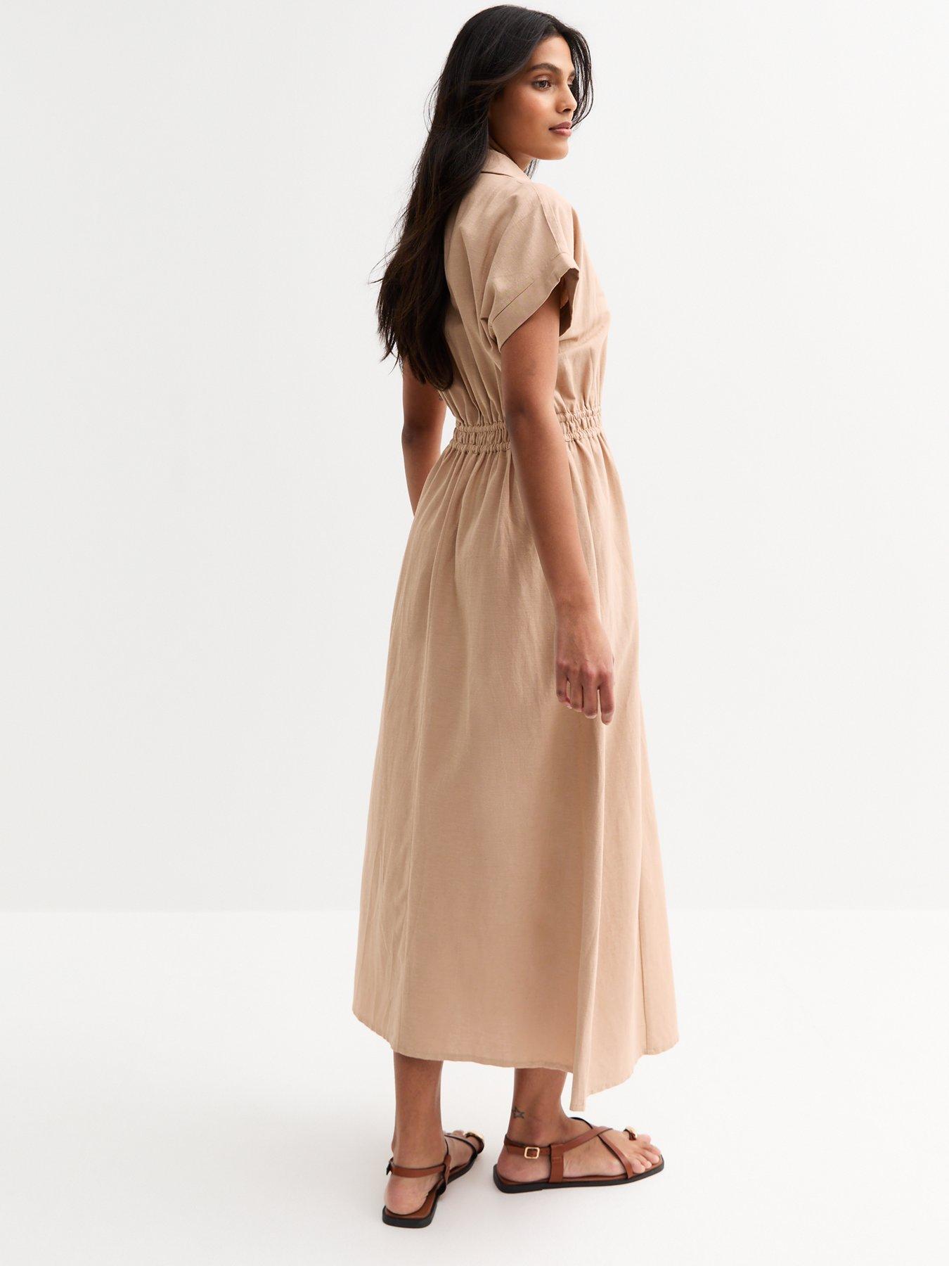  image of new-look-camel-shirred-waist-midi-shirt-dress