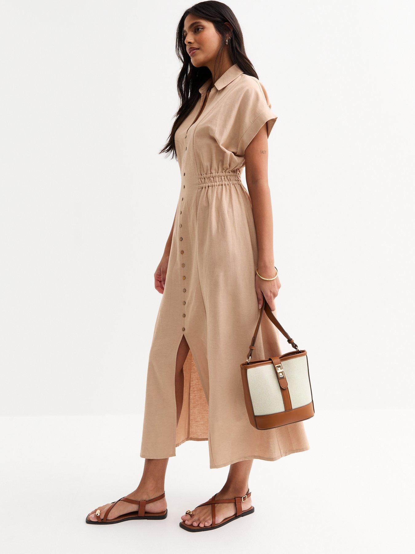  image of new-look-camel-shirred-waist-midi-shirt-dress