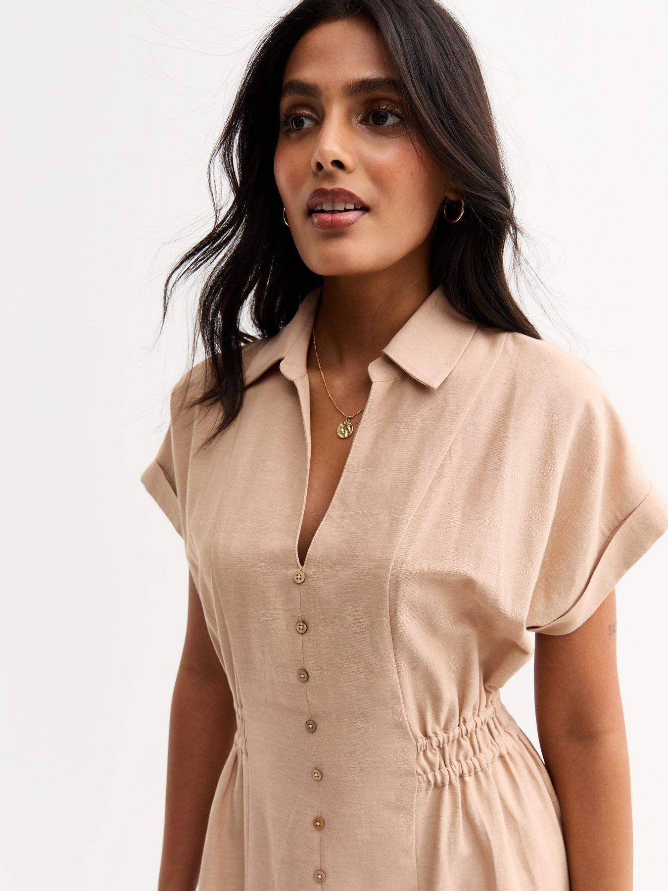  image of new-look-camel-shirred-waist-midi-shirt-dress