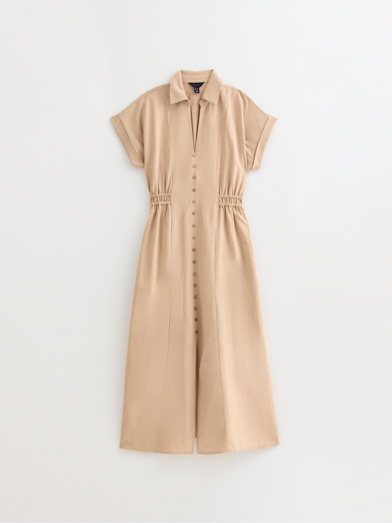  image of new-look-camel-shirred-waist-midi-shirt-dress