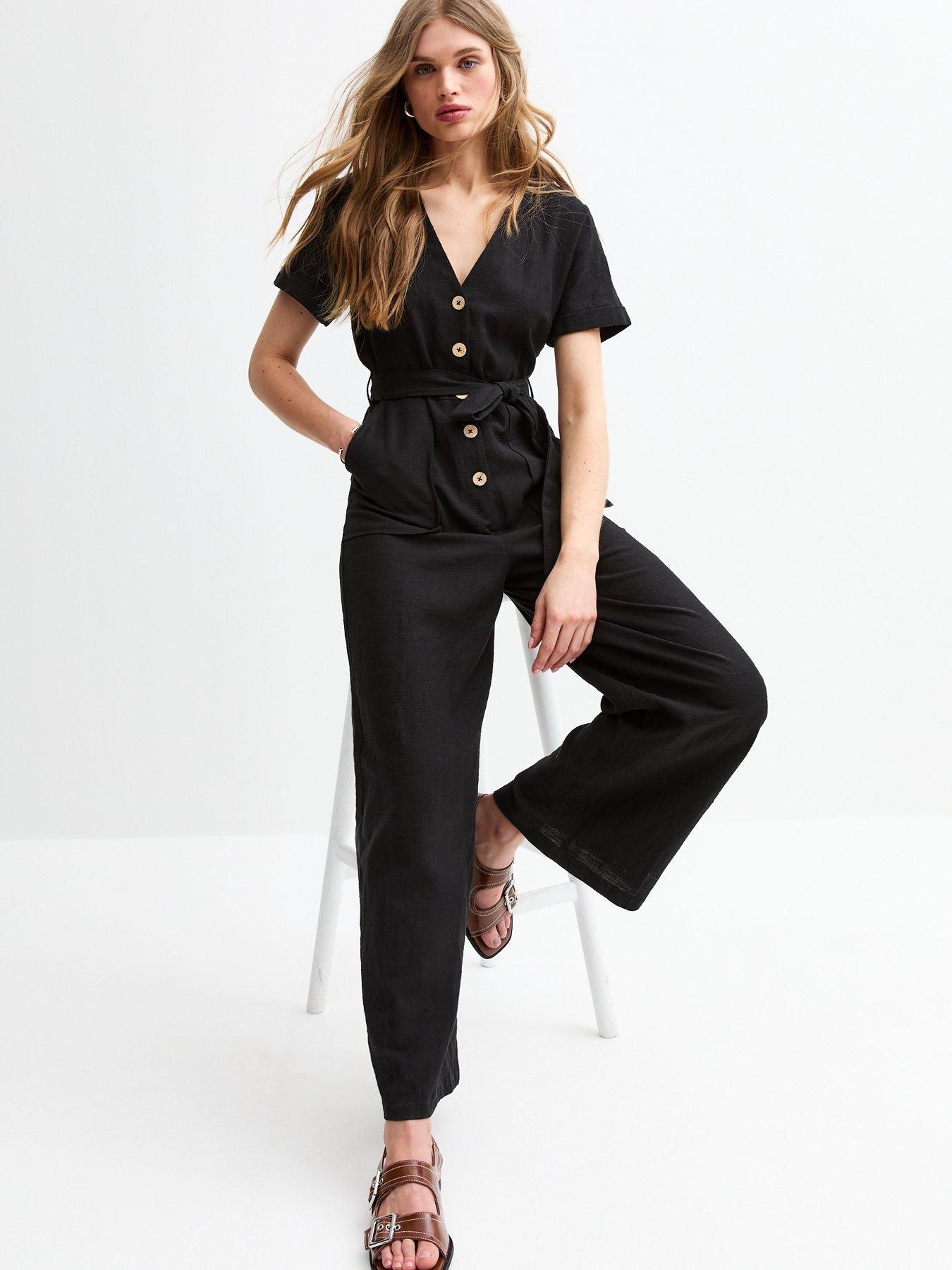 undefined V-Neck Button Front Jumpsuit - Black