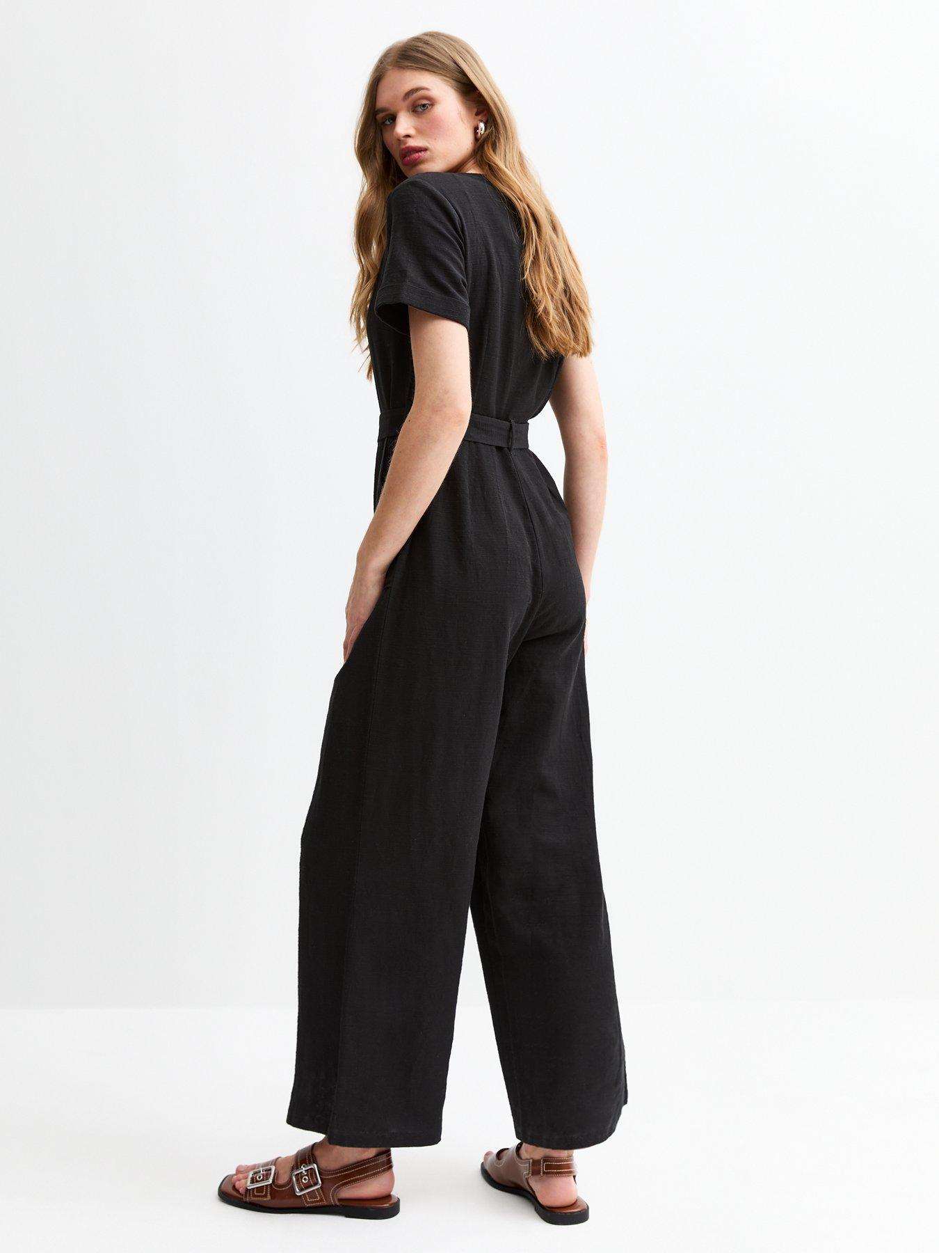 Image 2 of 5 of New Look V-Neck Button Front Jumpsuit - Black