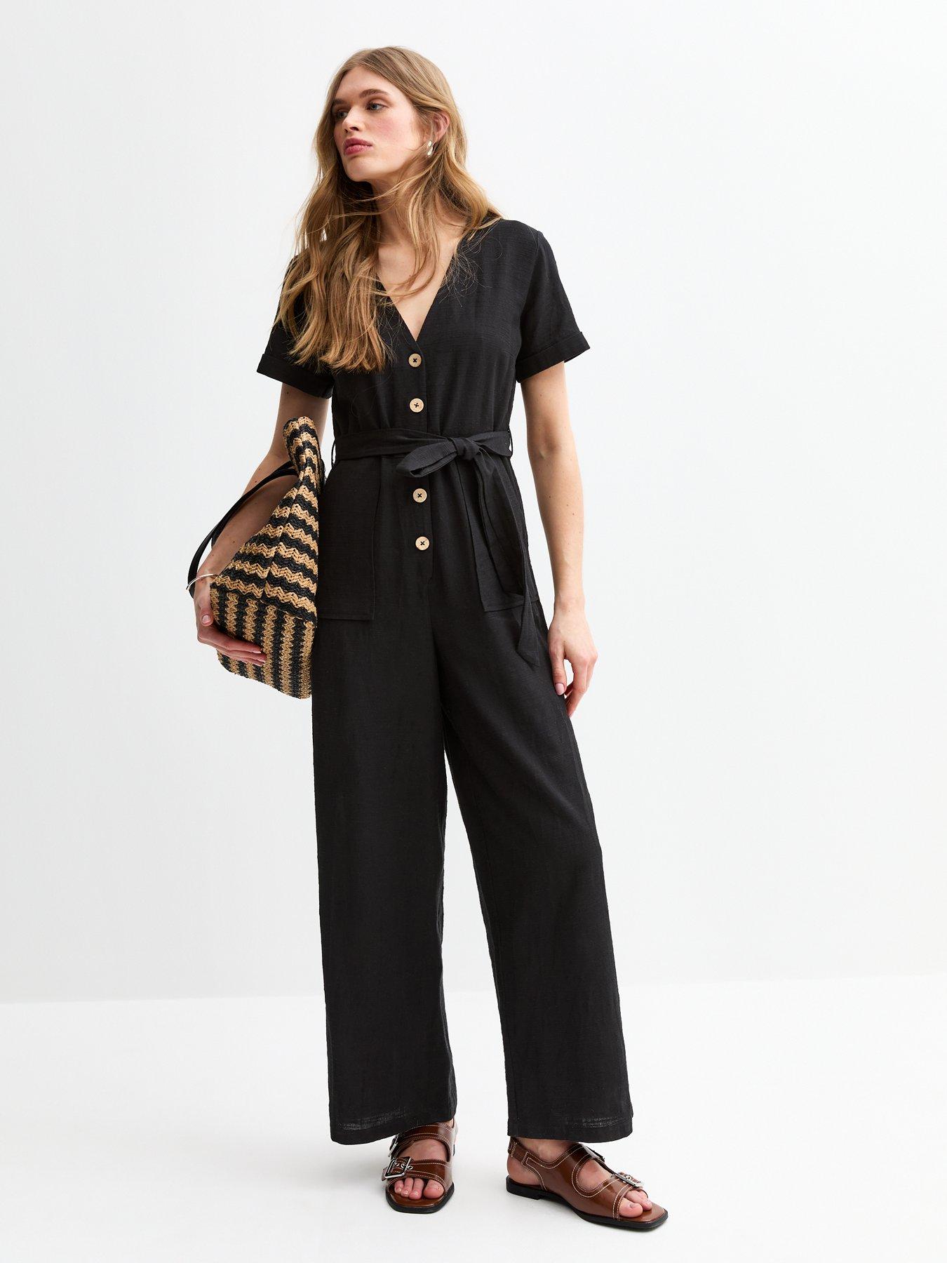 Image 3 of 5 of New Look V-Neck Button Front Jumpsuit - Black
