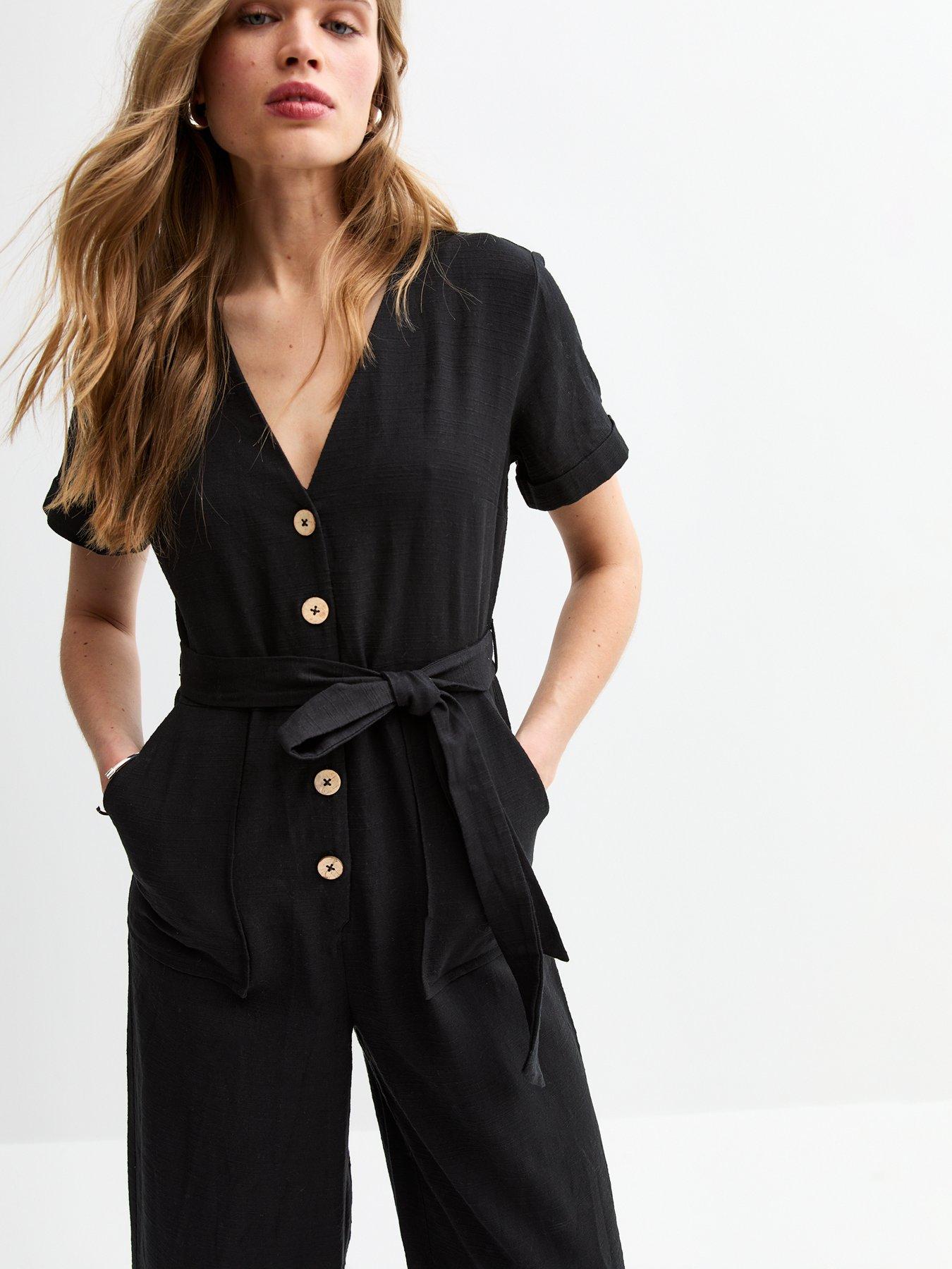 Image 4 of 5 of New Look V-Neck Button Front Jumpsuit - Black