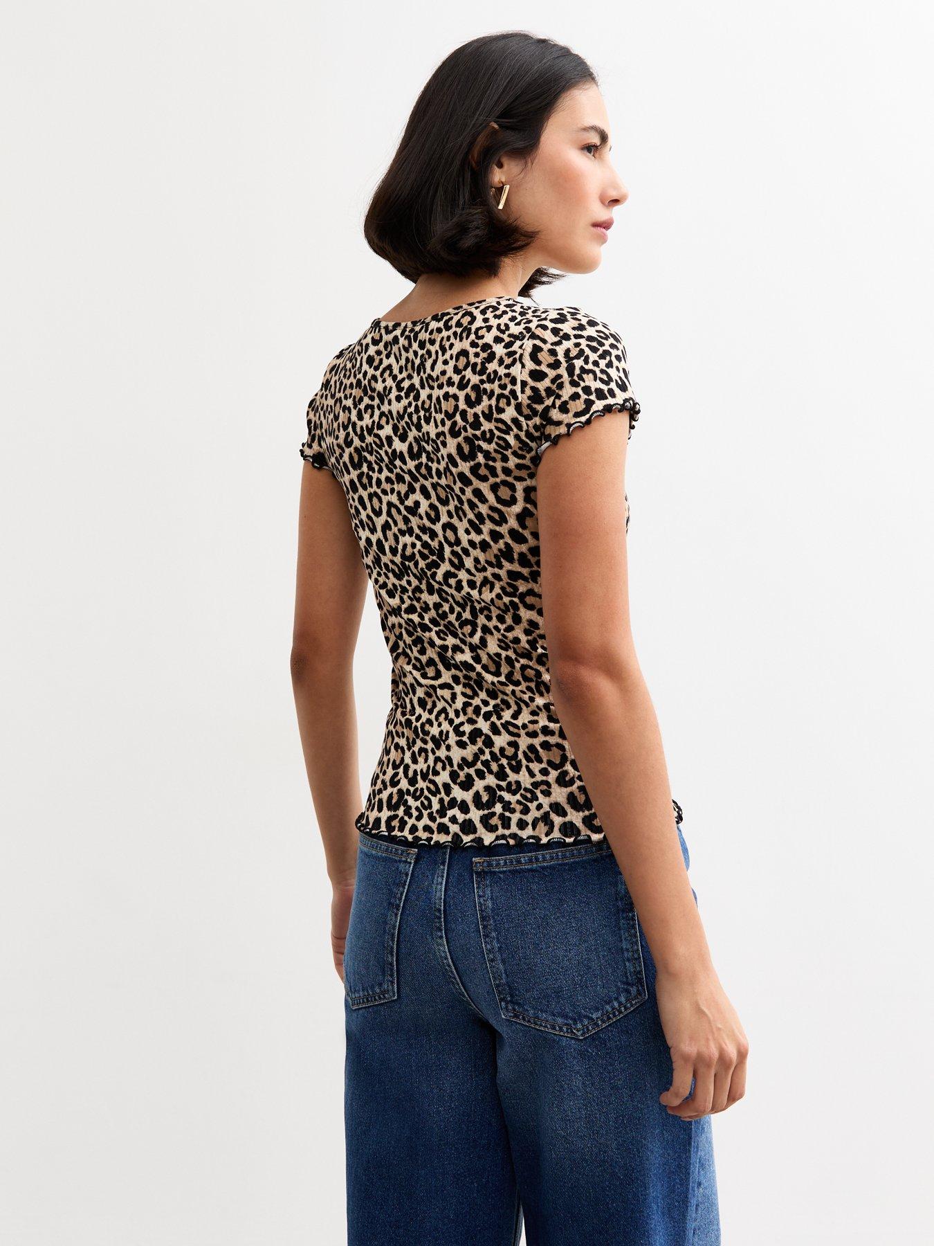  image of new-look-short-sleeve-leopard-print-top-brown