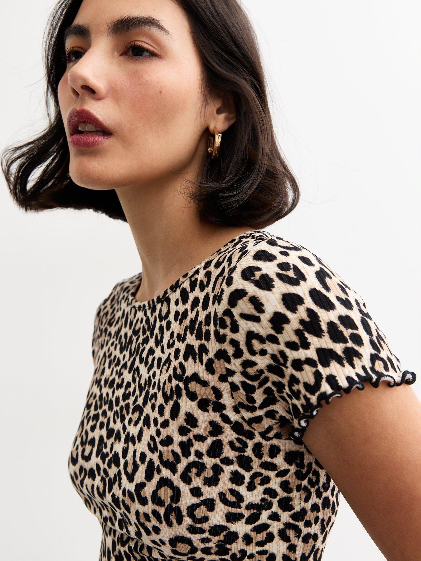  image of new-look-short-sleeve-leopard-print-top-brown