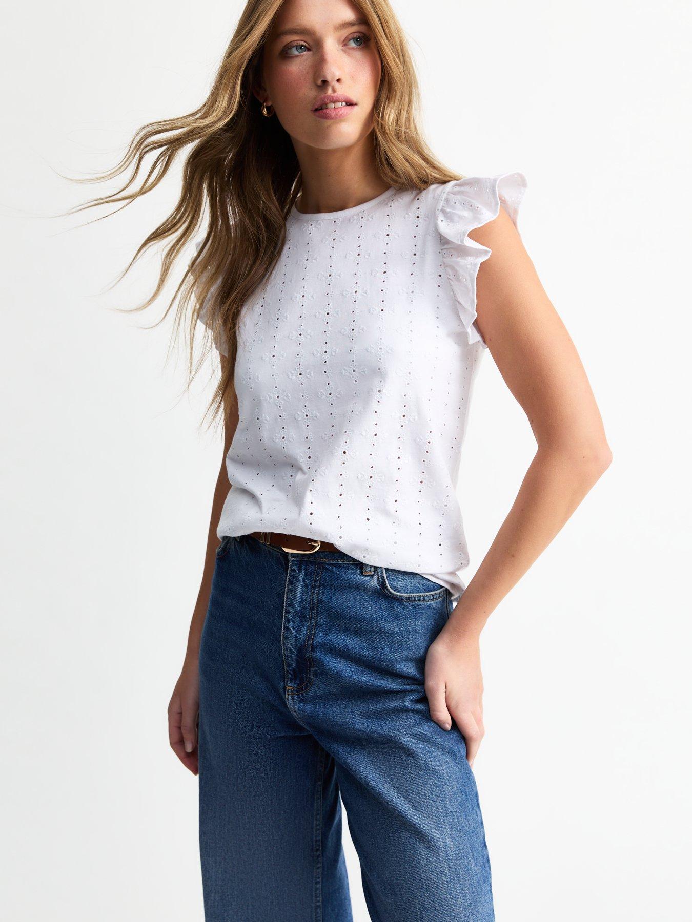 undefined White Broderie Anglaise Frill Trim Vests