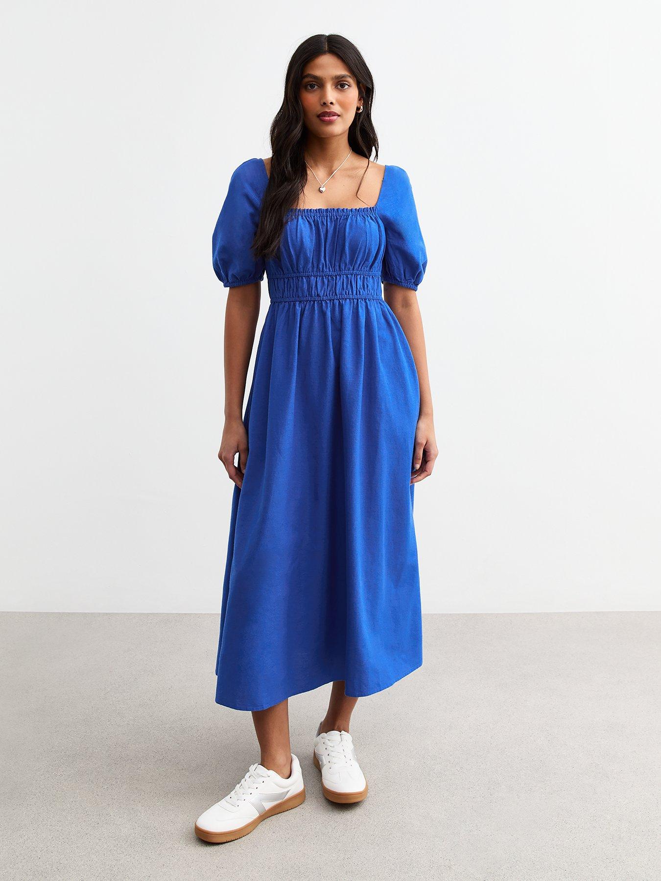 new-look-blue-puff-sleeve-midi-dress