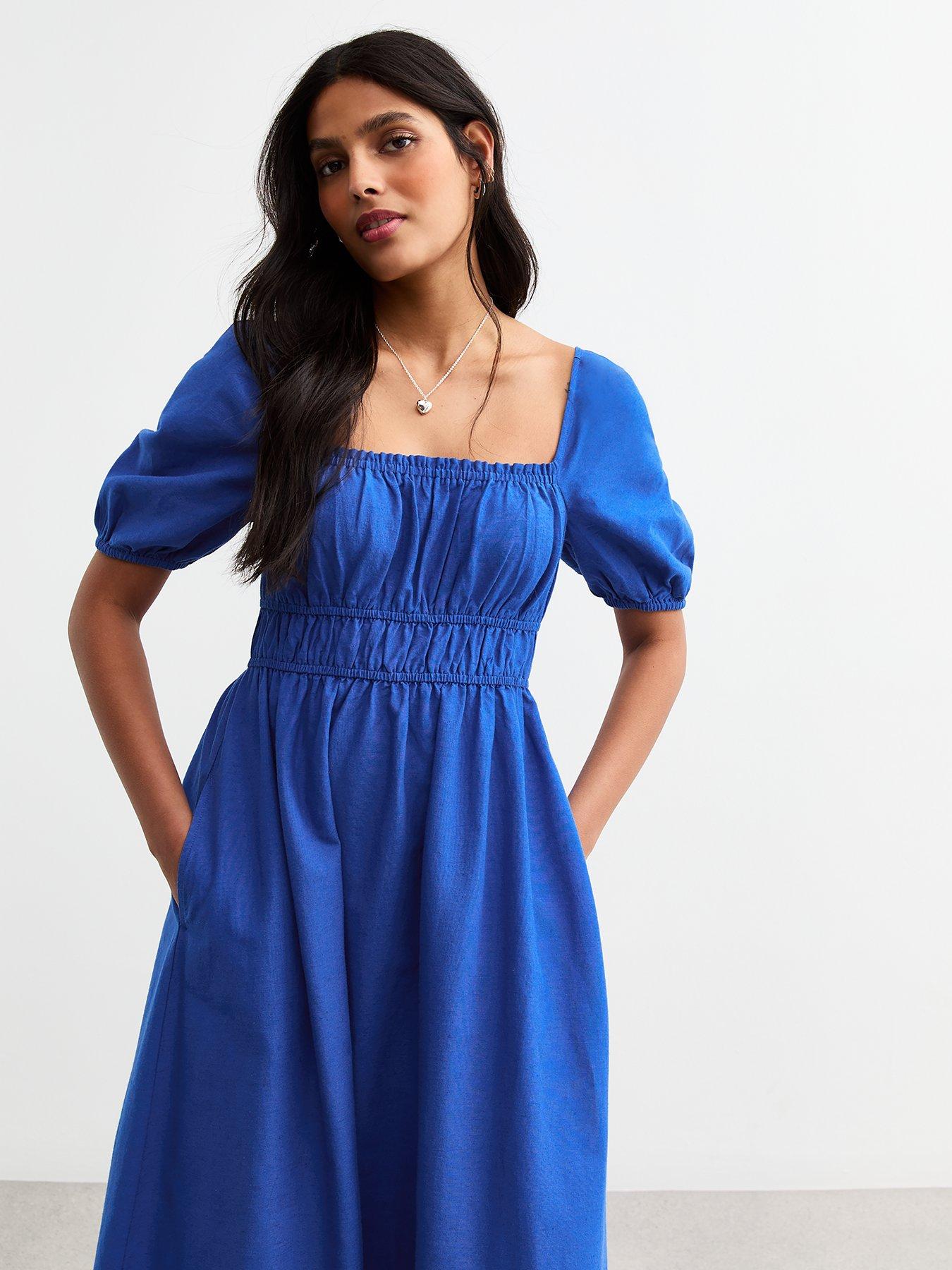  image of new-look-blue-puff-sleeve-midi-dress
