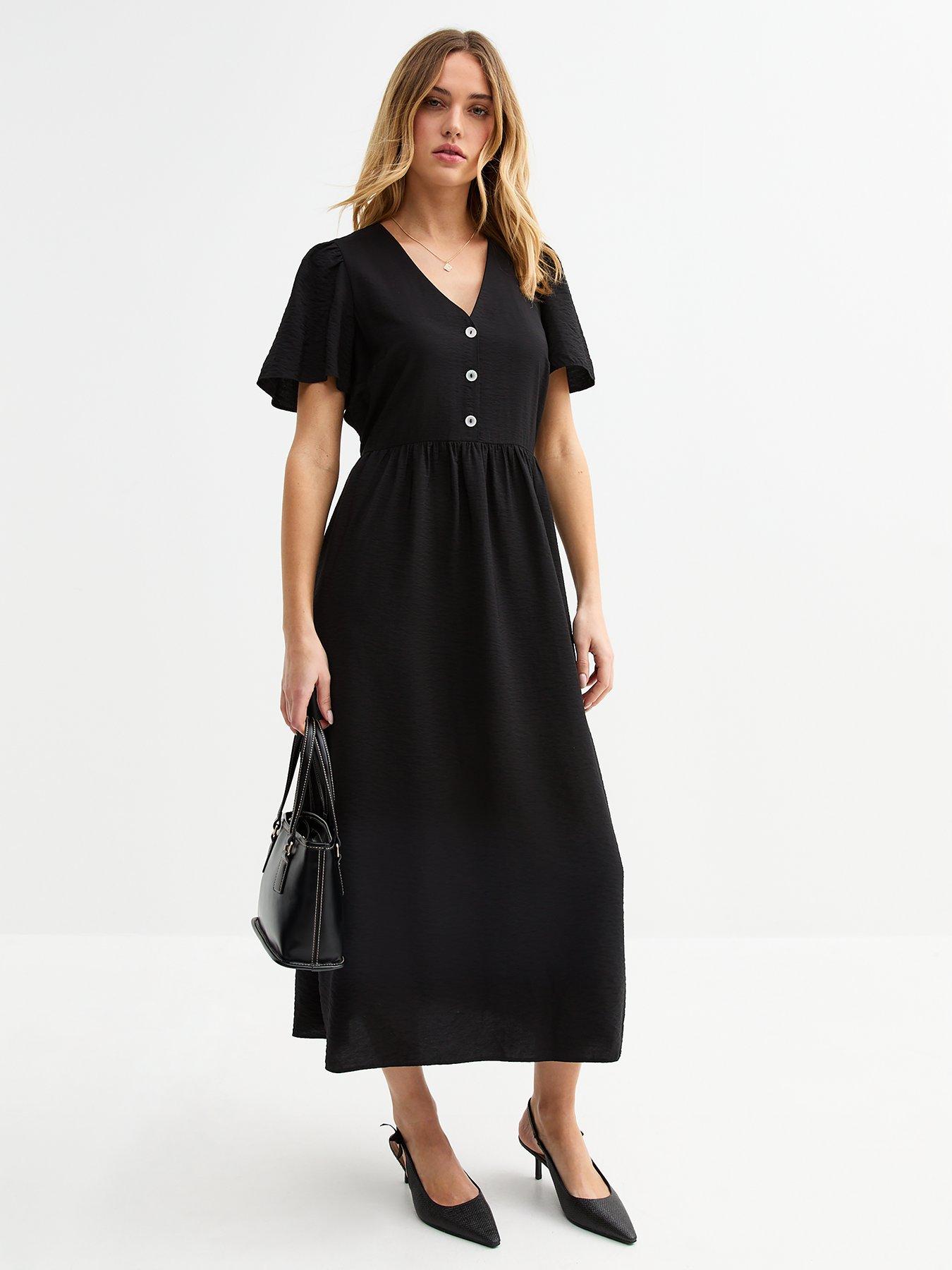 new-look-black-flutter-sleeve-button-front-midi-dress