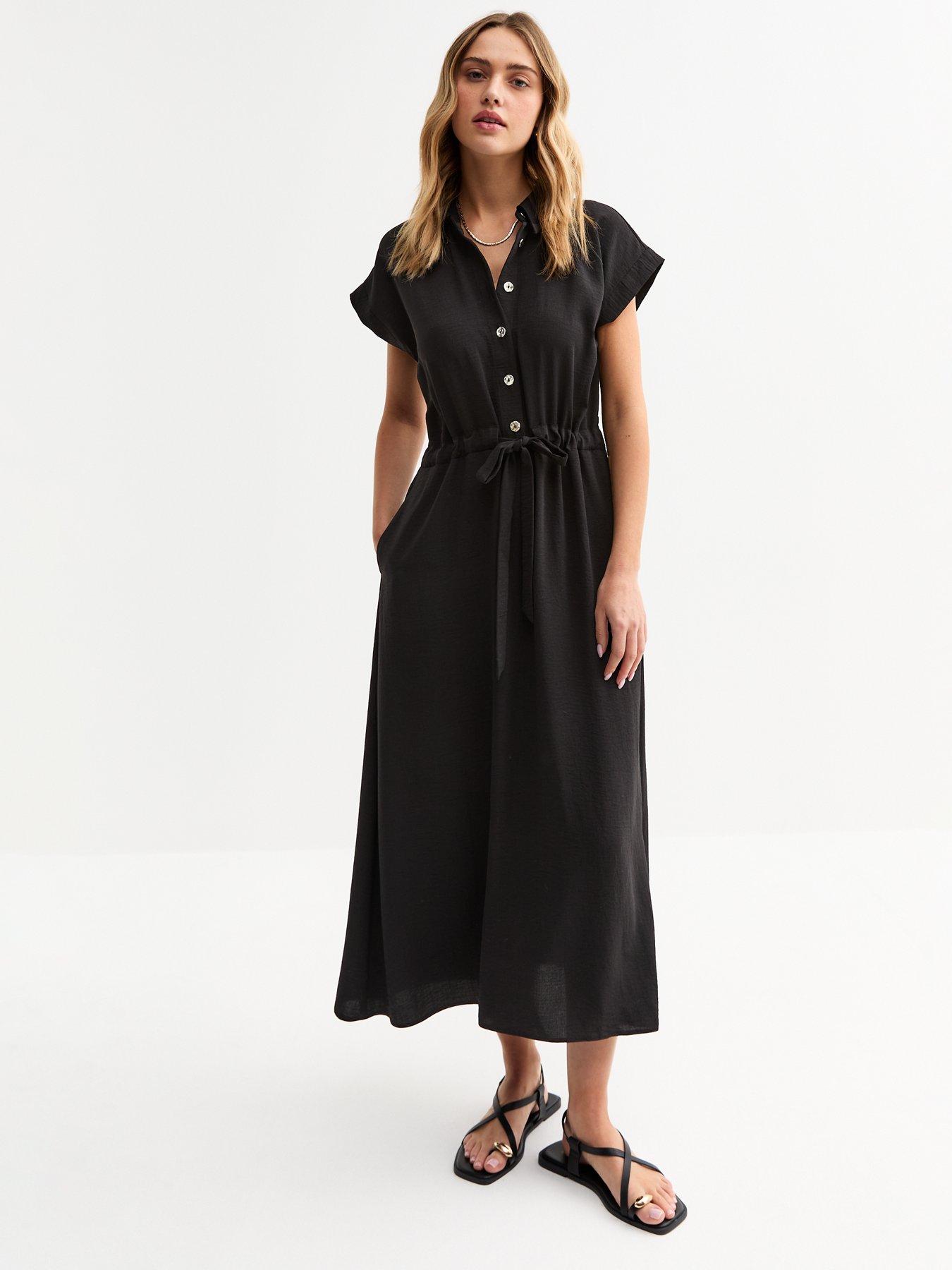 undefined Black Drawstring Waist Textured Midi Dress
