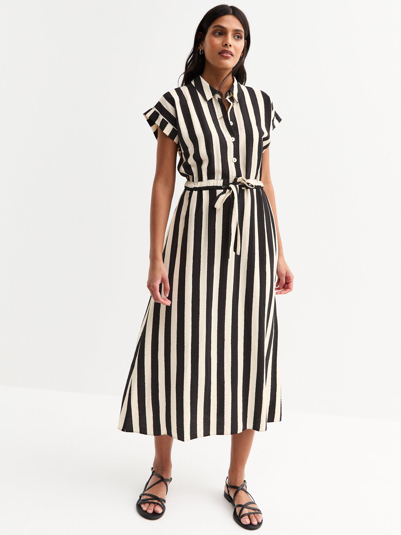 undefined White Stripe Print Tie Front Shirt Dress