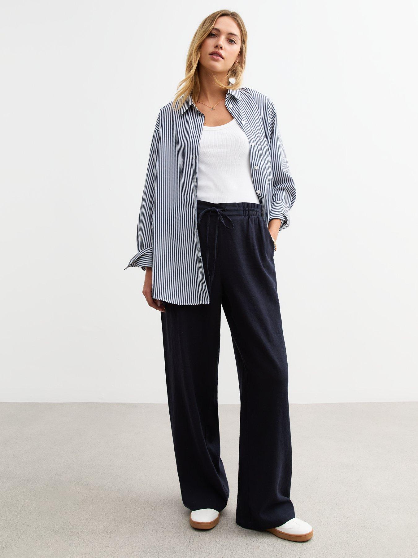 undefined Navy Linen Blend Drawstring Waist Trousers