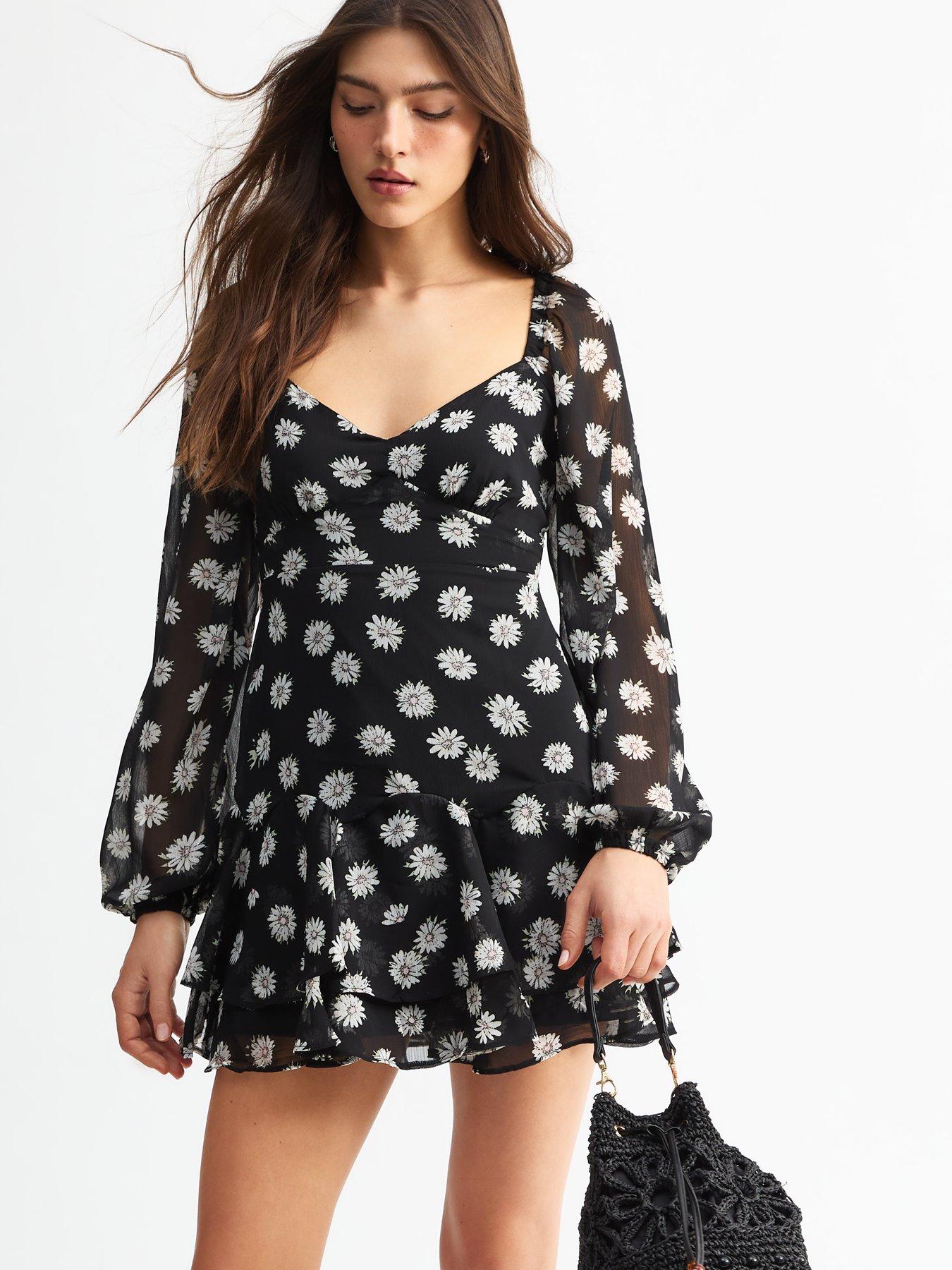 new-look-daisy-print-tiered-ruffle-mini-dress-black