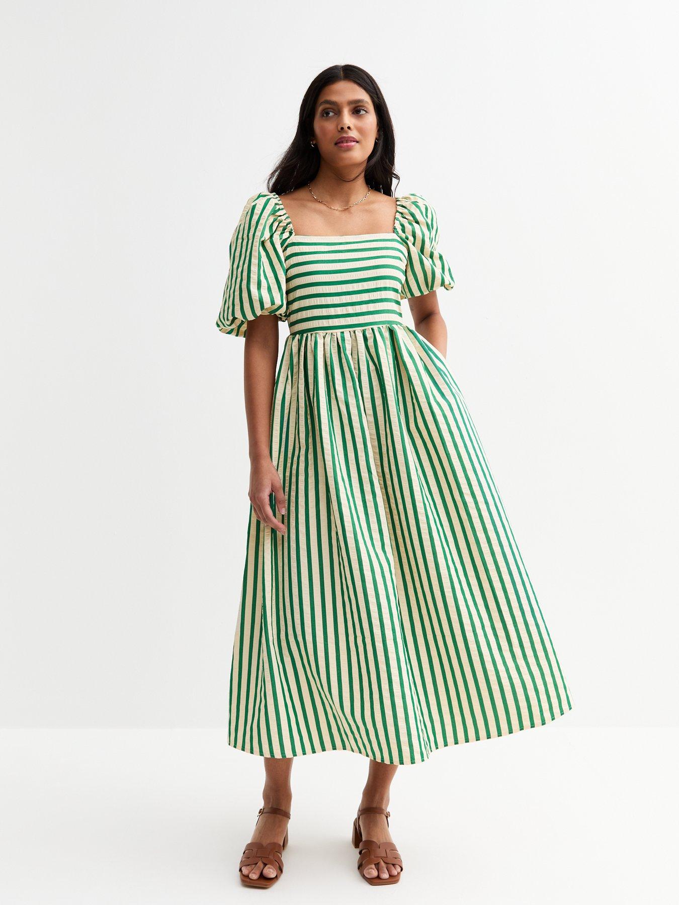 New Look Green Striped Puffed Sleeve Midi Dress | Littlewoods