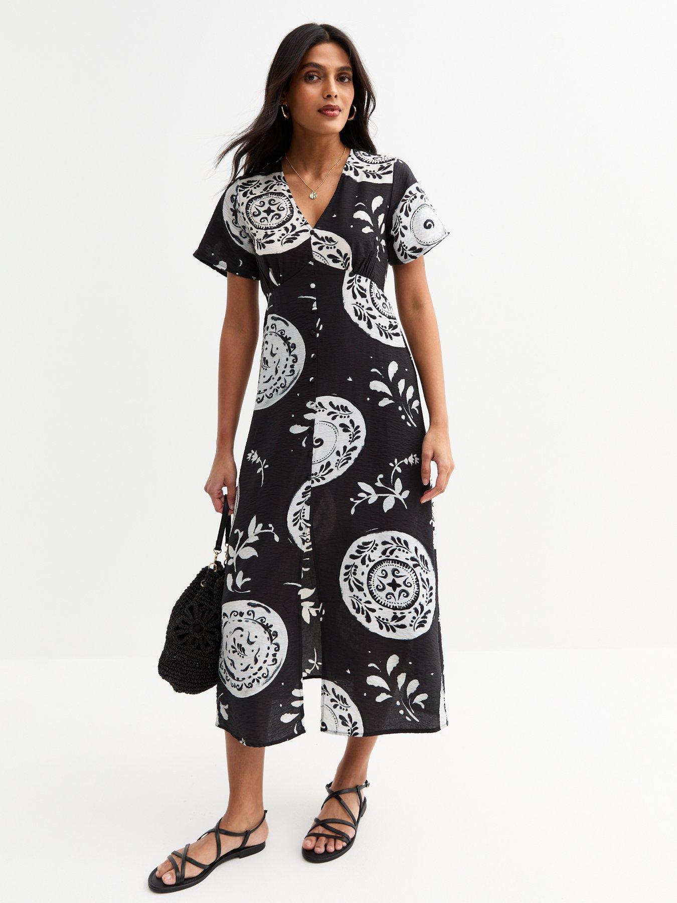 new-look-black-plate-print-button-through-midi-tea-dress