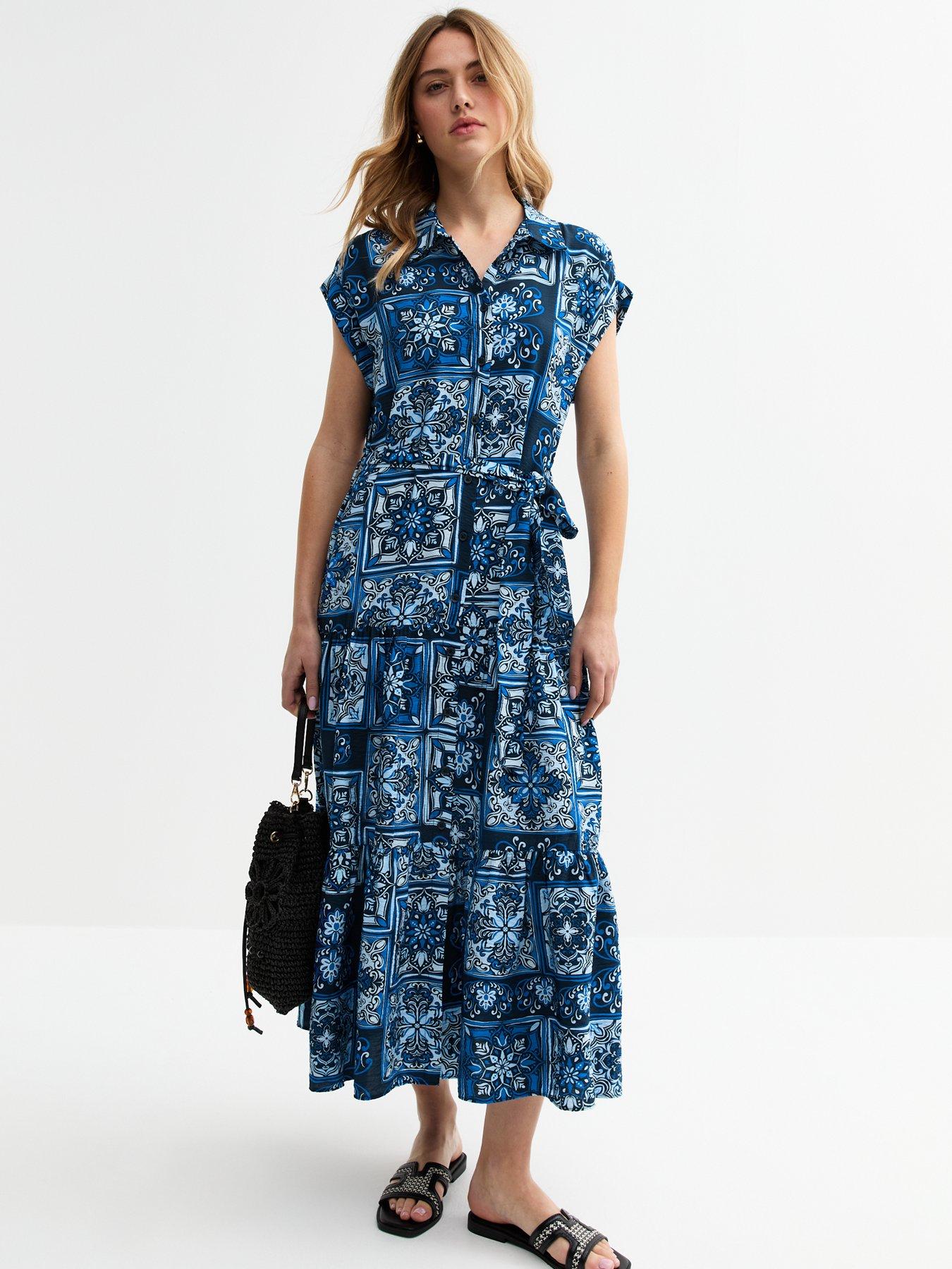 new-look-blue-tile-print-cap-sleeve-shirt-dress