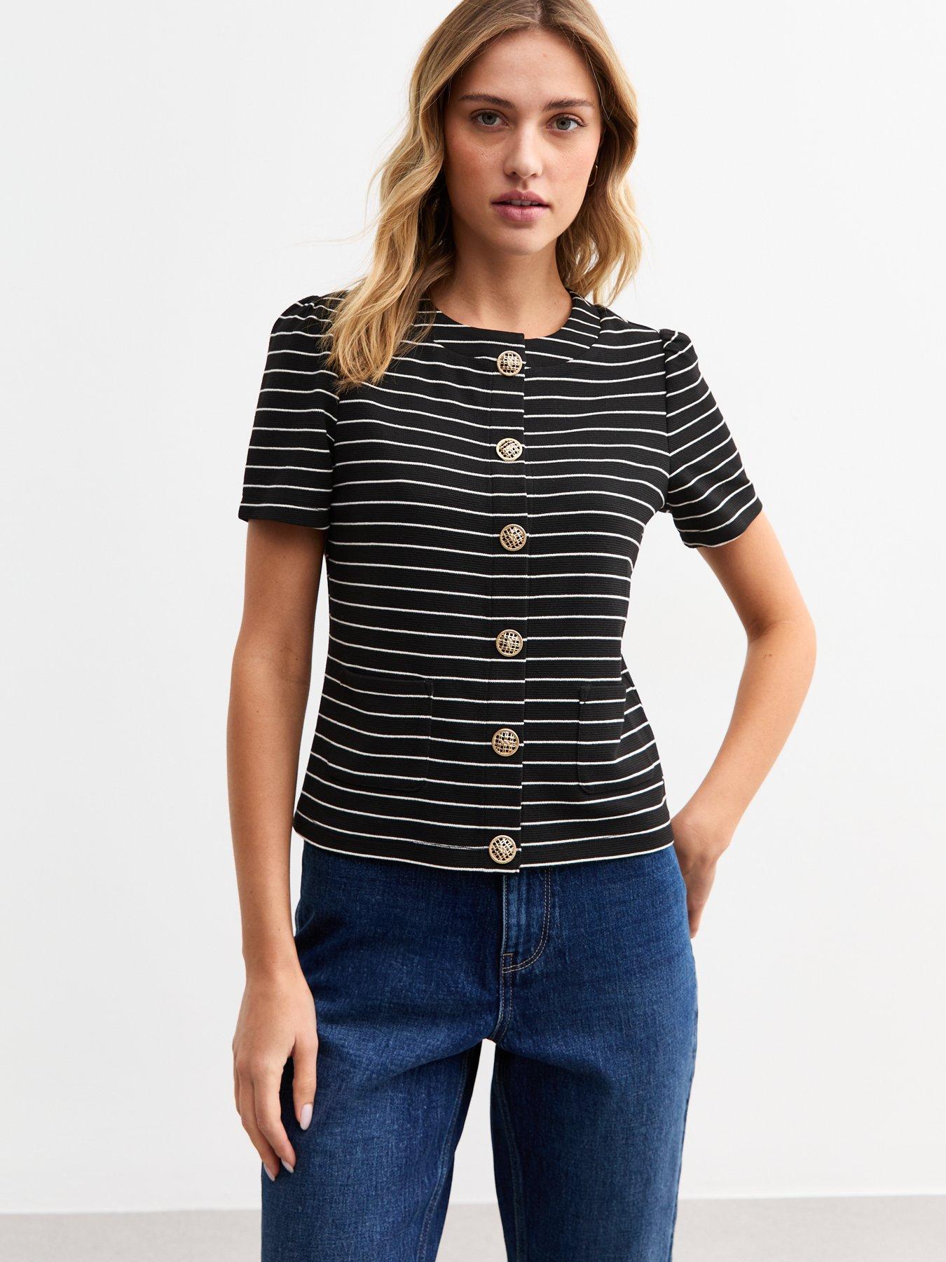 new-look-striped-textured-short-sleeve-cardigan-black