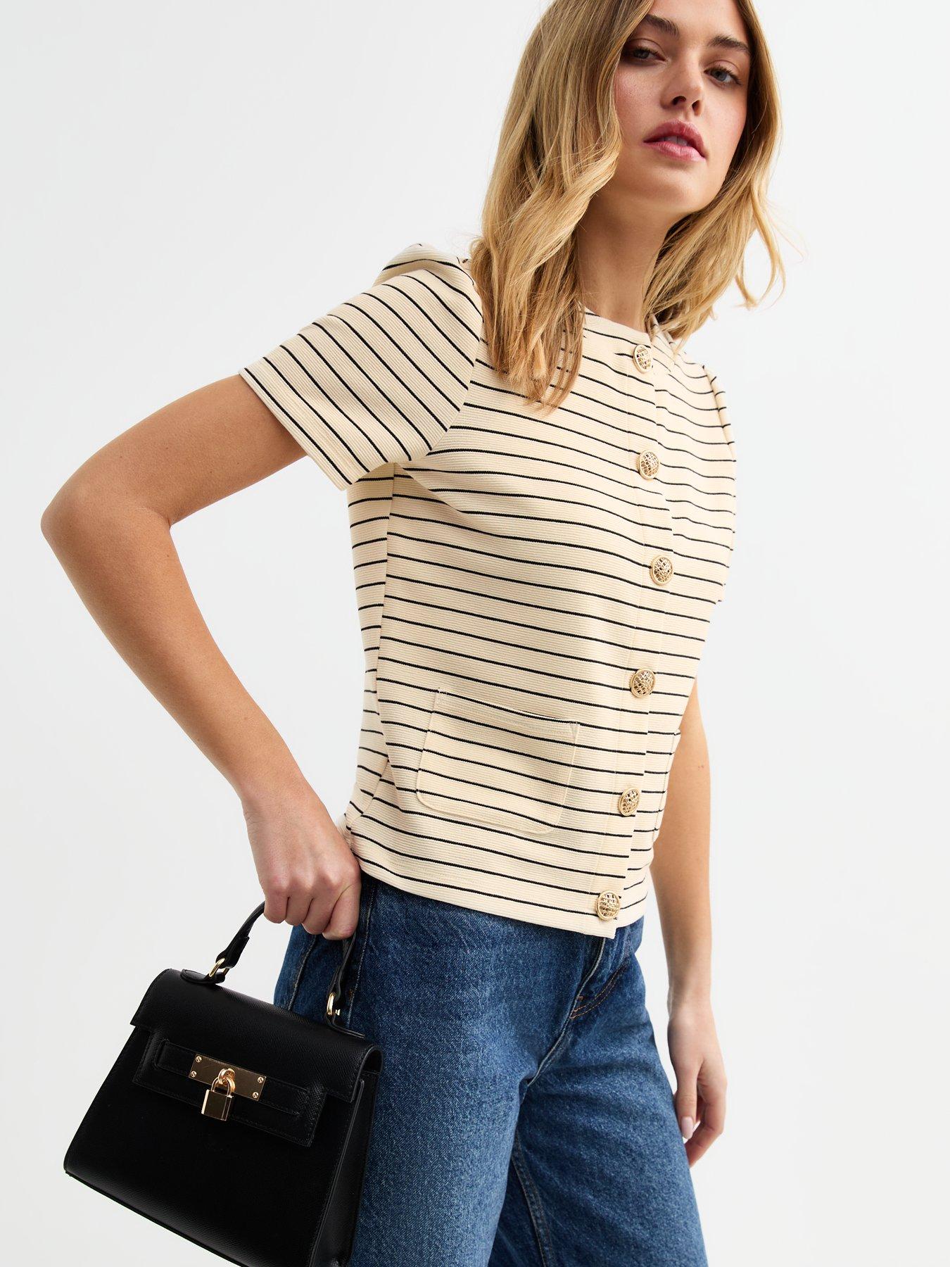  image of new-look-striped-textured-short-sleeve-cardigan-cream