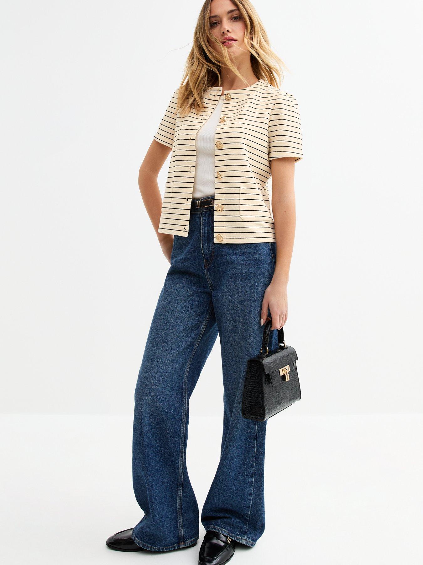  image of new-look-striped-textured-short-sleeve-cardigan-cream