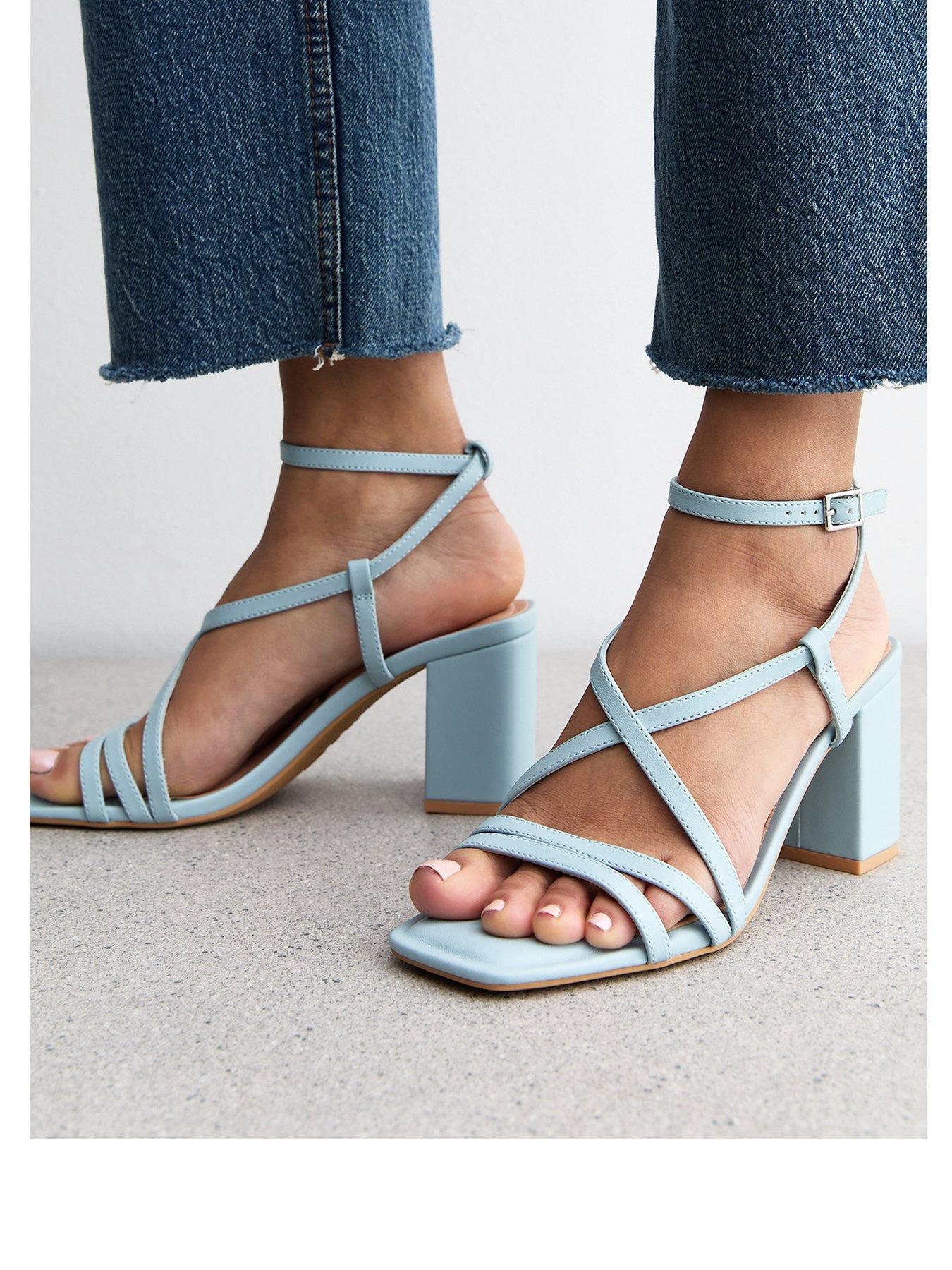 New Look Light Blue Faux Leather Block Heel Multi Strap Sandals