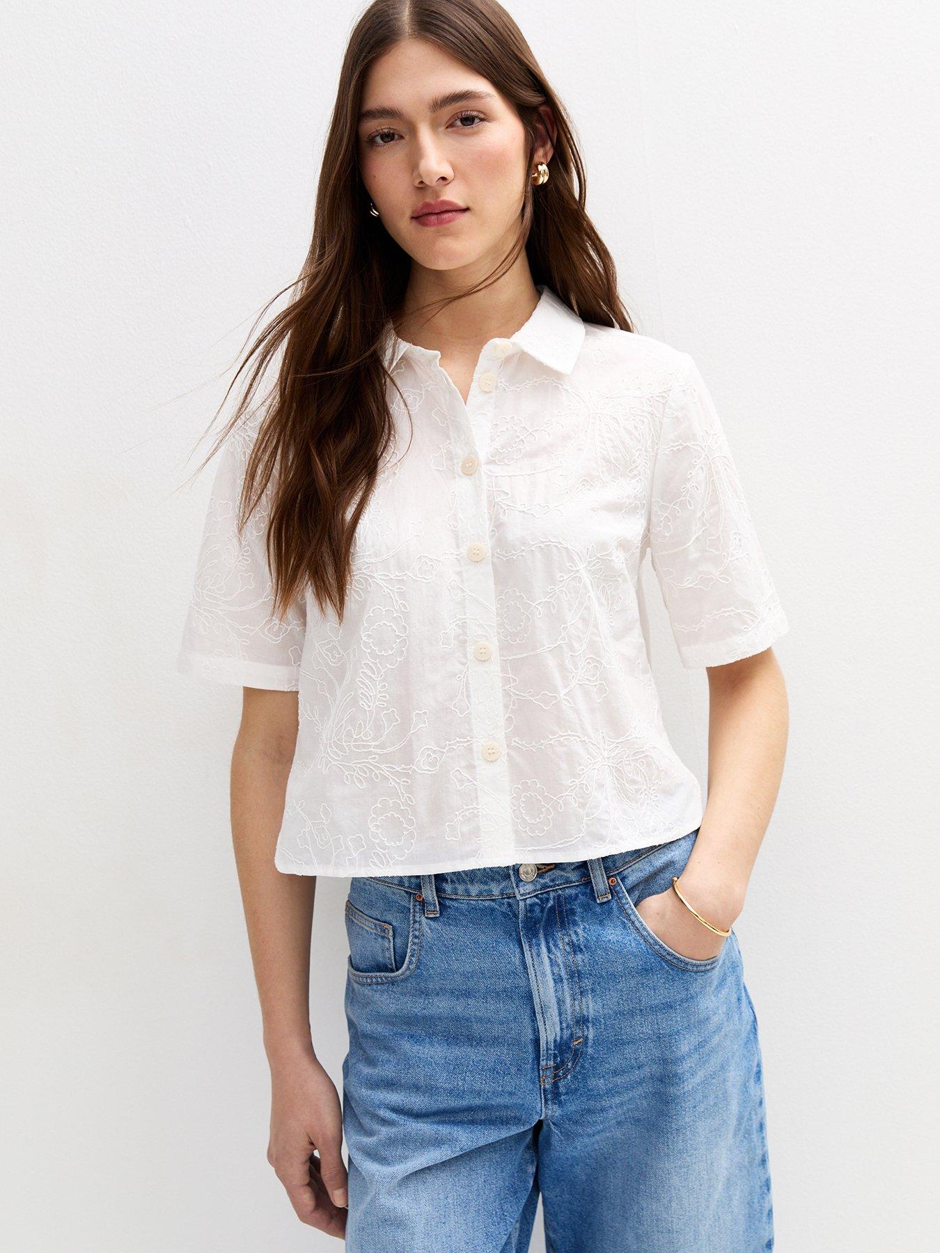 New Look Floral Jacquard Embroidered Short Sleeve Shirt - White