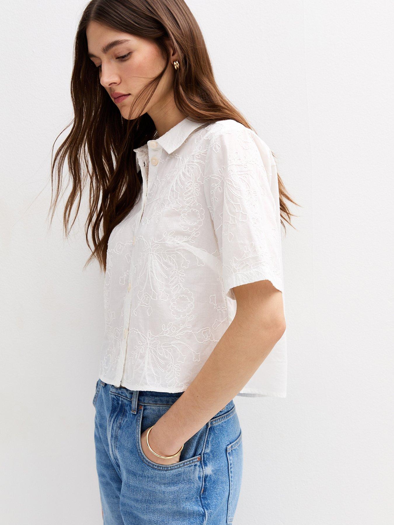  image of new-look-floral-jacquard-embroidered-short-sleeve-shirt-white