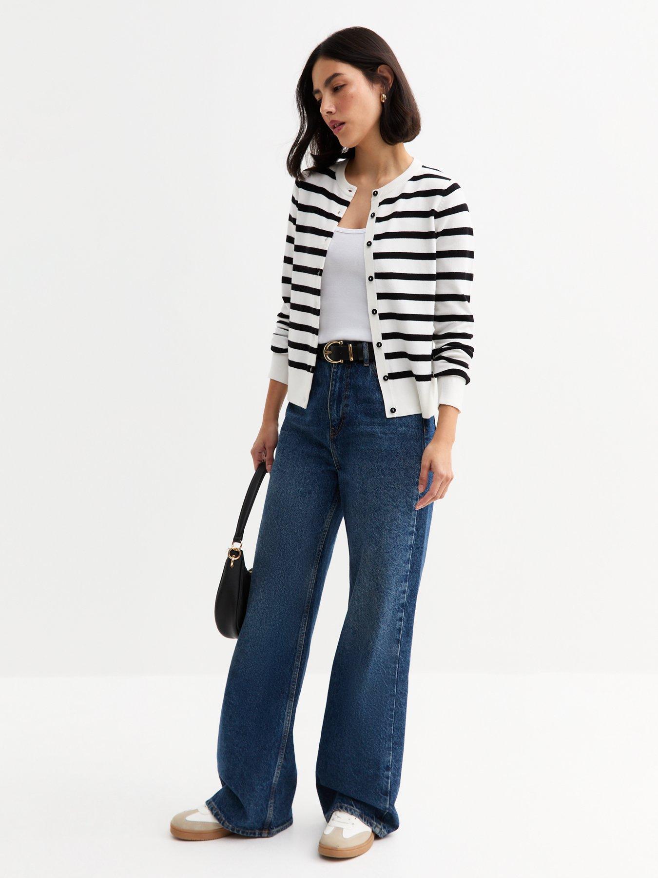 image of new-look-white-striped-crew-neck-cardigan