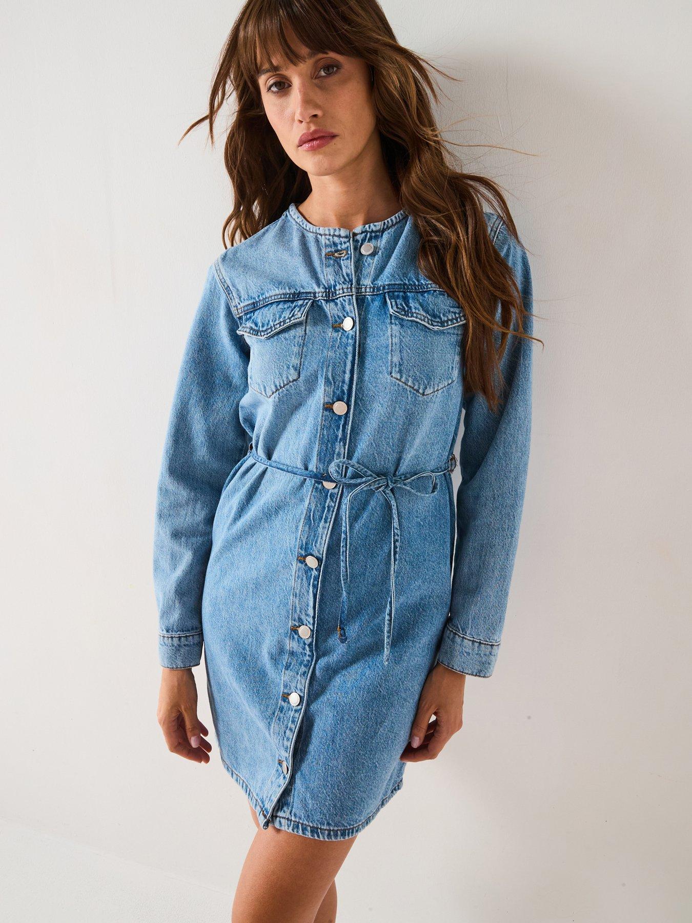 undefined Tie Waist Denim Mini Dress - Blue