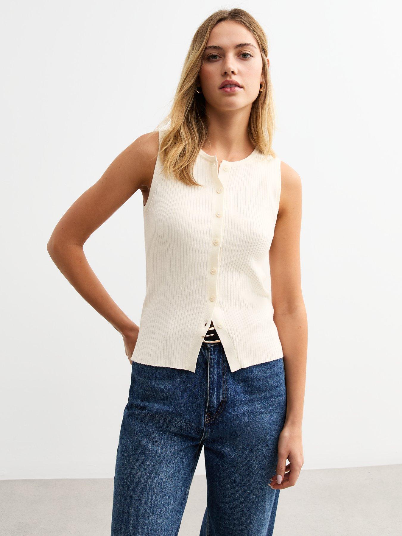 New Look Rib Knitted Button Up Vest Cream Littlewoods