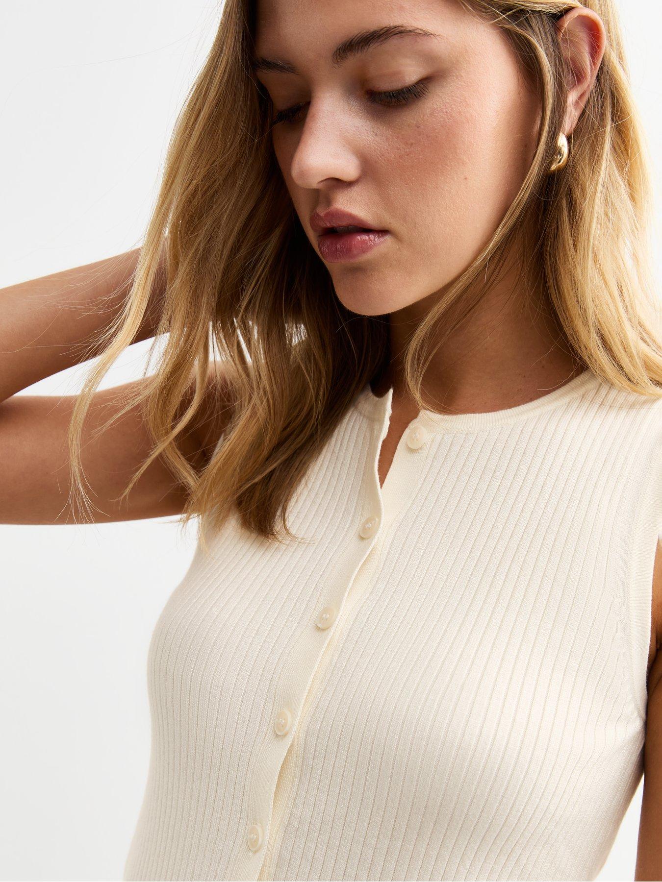  image of new-look-rib-knitted-button-up-vest-cream
