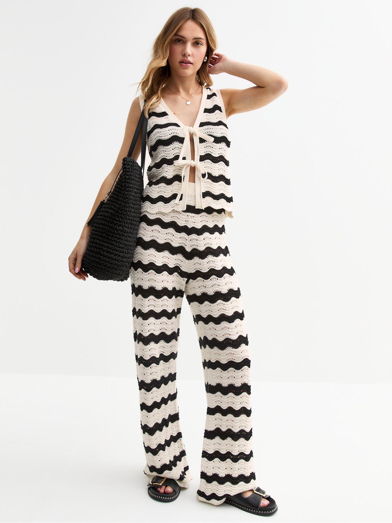  image of new-look-wavey-open-knit-wide-leg-trousers-black